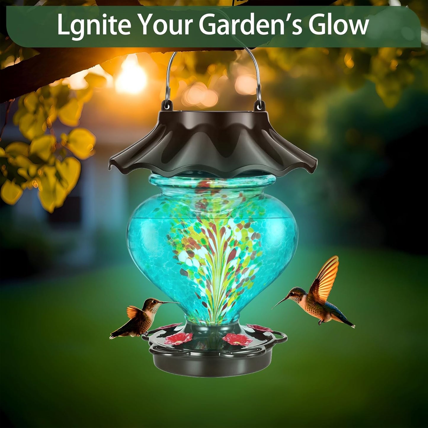 Solar Hummingbird Feeder for Outdoors Hanging, 33oz Heart-Shaped Hand-Blown Glass, Leak-Proof & Rustproof, LED Lighted Garden Decoration, Includes 2 Hooks (Teal)