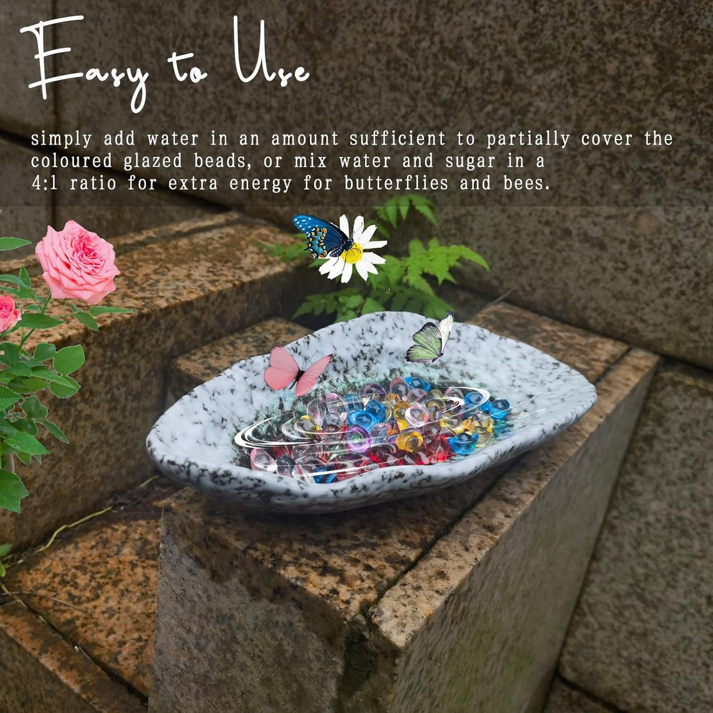 Butterfly Feeder - Outdoor Ceramic Butterfly Puddler and Bee Watering Station with Colored Glass Bead - Garden Decor for Feeding Butterflies and Bees