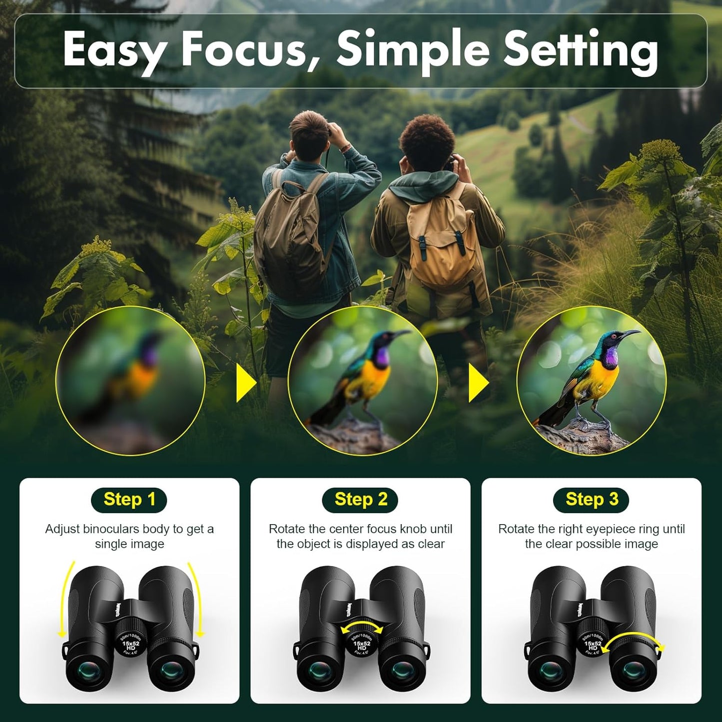Aurosports 15x52 Waterproof Binoculars for Adults - Large View High Powered Binoculars with IPX7 Nitrogen-Filled - Low Light Vision Binocular for Bird Watching Hunting Cruise Hiking Sports Black