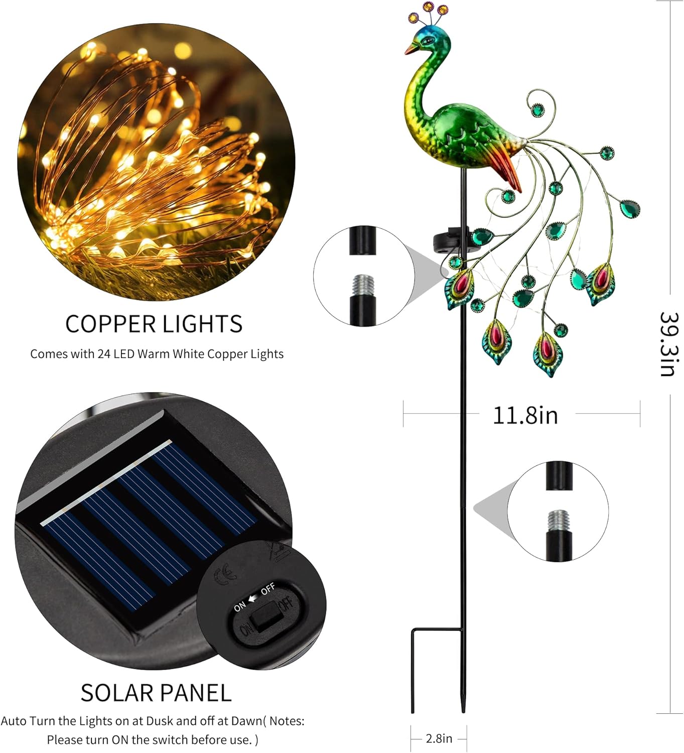 Glintoper Solar Garden Lights, 39 Inch Height Outdoor Metal Peacock De