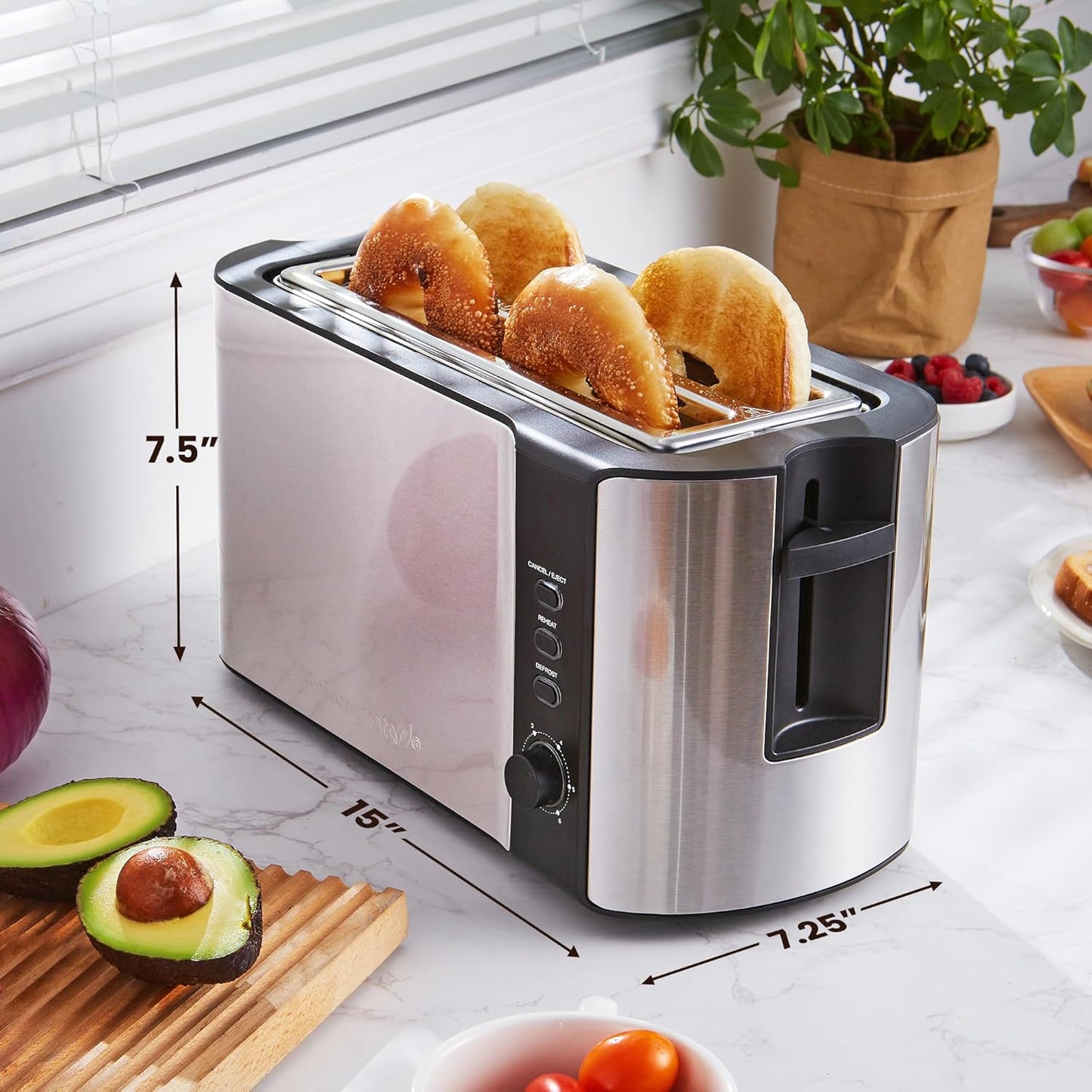 Elite Gourmet ECT-3100 4-Slice Long Slot Toaster | Extra Wide Slots for Bagels, Sourdough & Texas Toast | 6 Browning Settings | Reheat, Defrost & Cancel | Built-In Warming Rack | Stainless Steel