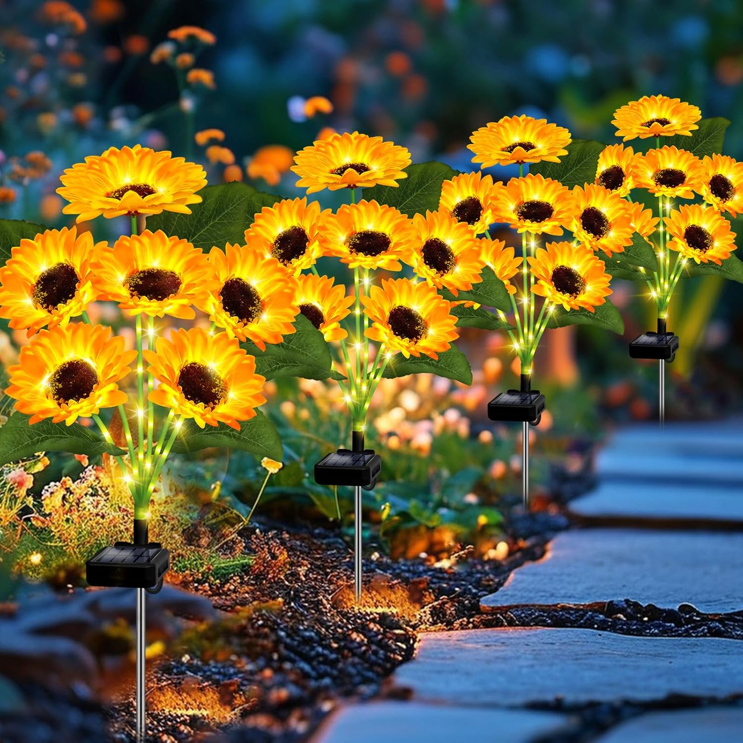Solar Lights Outdoor Garden Decor,4 Pack with 24 Sunflower Lights,Sola