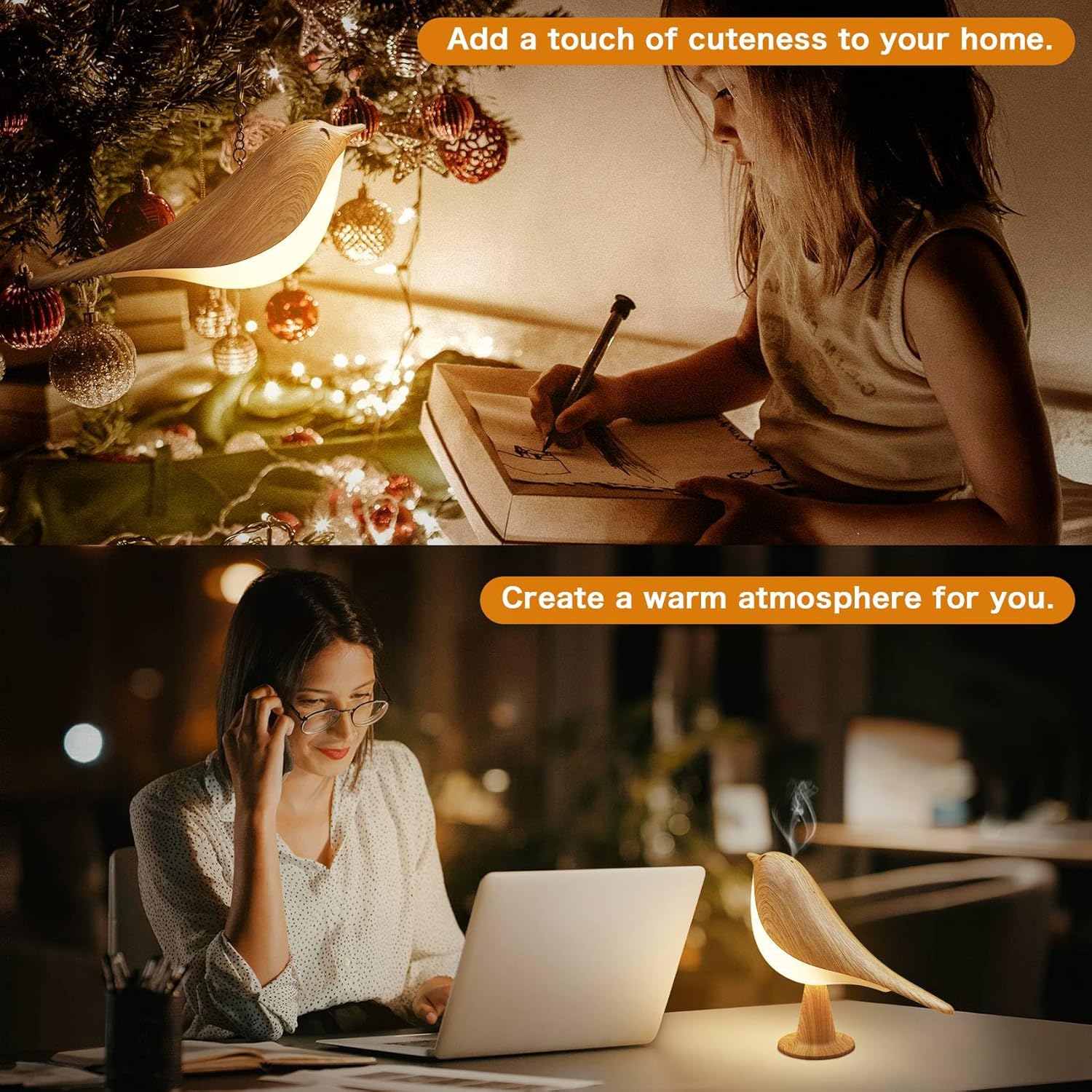 VViN 2 in 1 Small Desk Lamp, Bird Cordless Table Lamp with 3 Color Tem