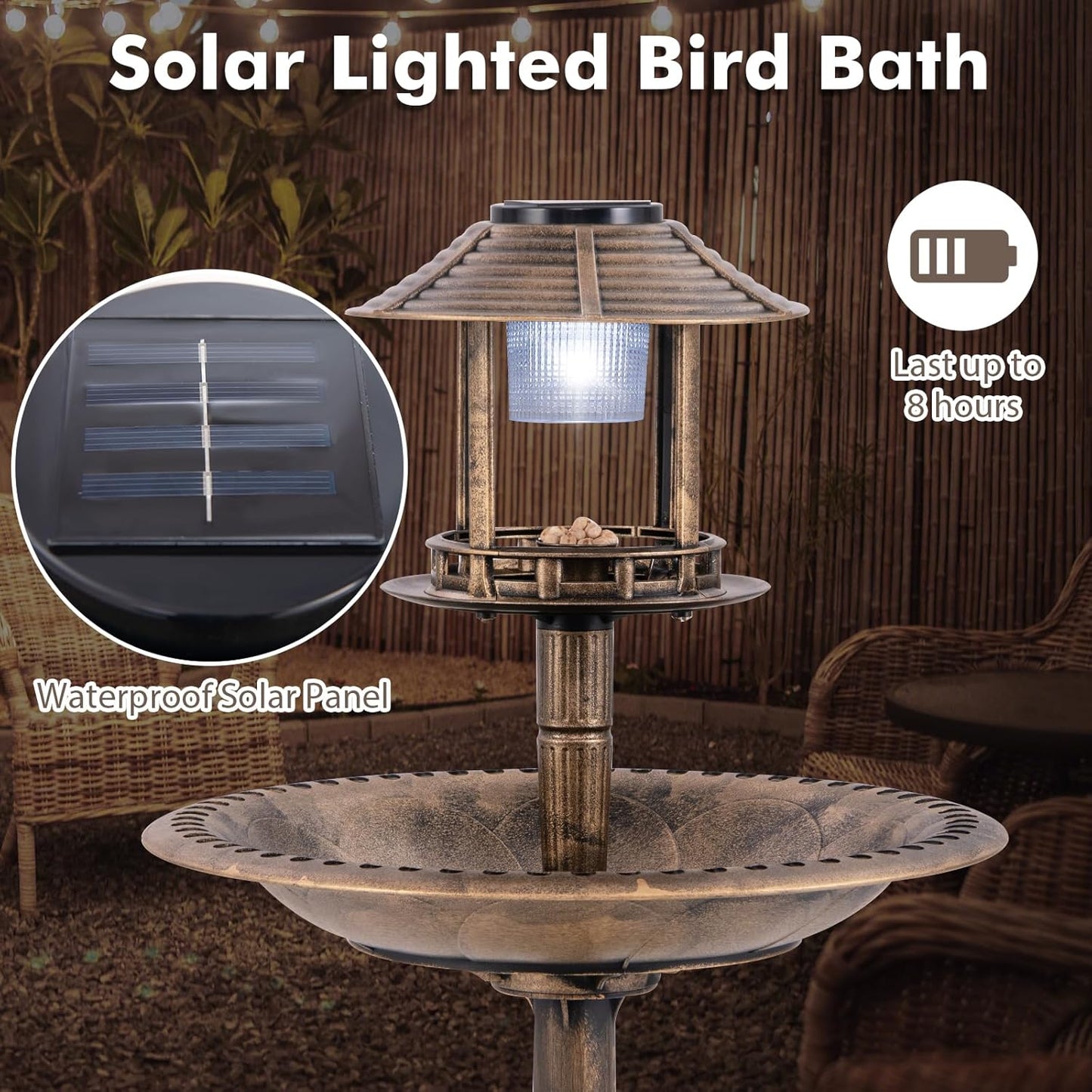 BECOMFORT Solar Bird Bath, Vintage Pedestal Birdbath with Solar Powered Lamp, Bird Feeder, Flower Planter Base & 3 Ground Stakes, Plastic Bird Bath for Outside, Garden, Yard & Outdoor (Bronze)