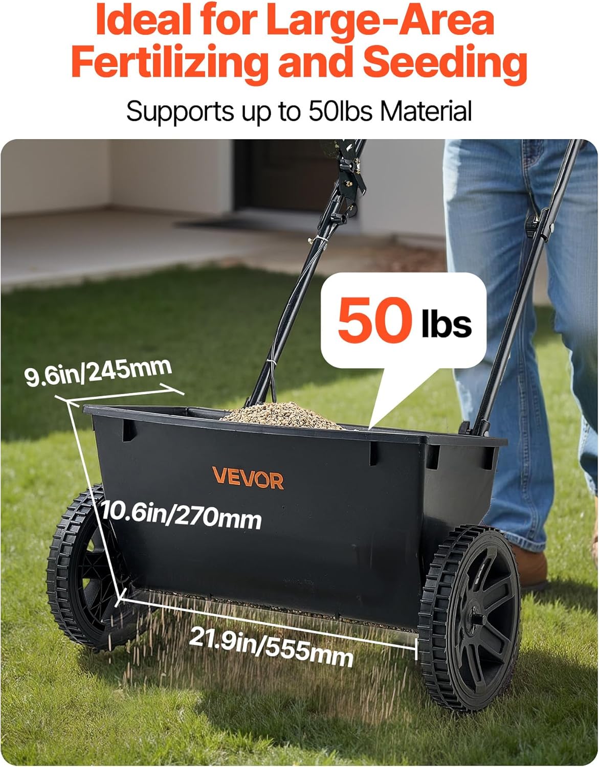 VEVOR Broadcast Spreader, 50LBS Capacity, Drop Spreader with Hopper Gr