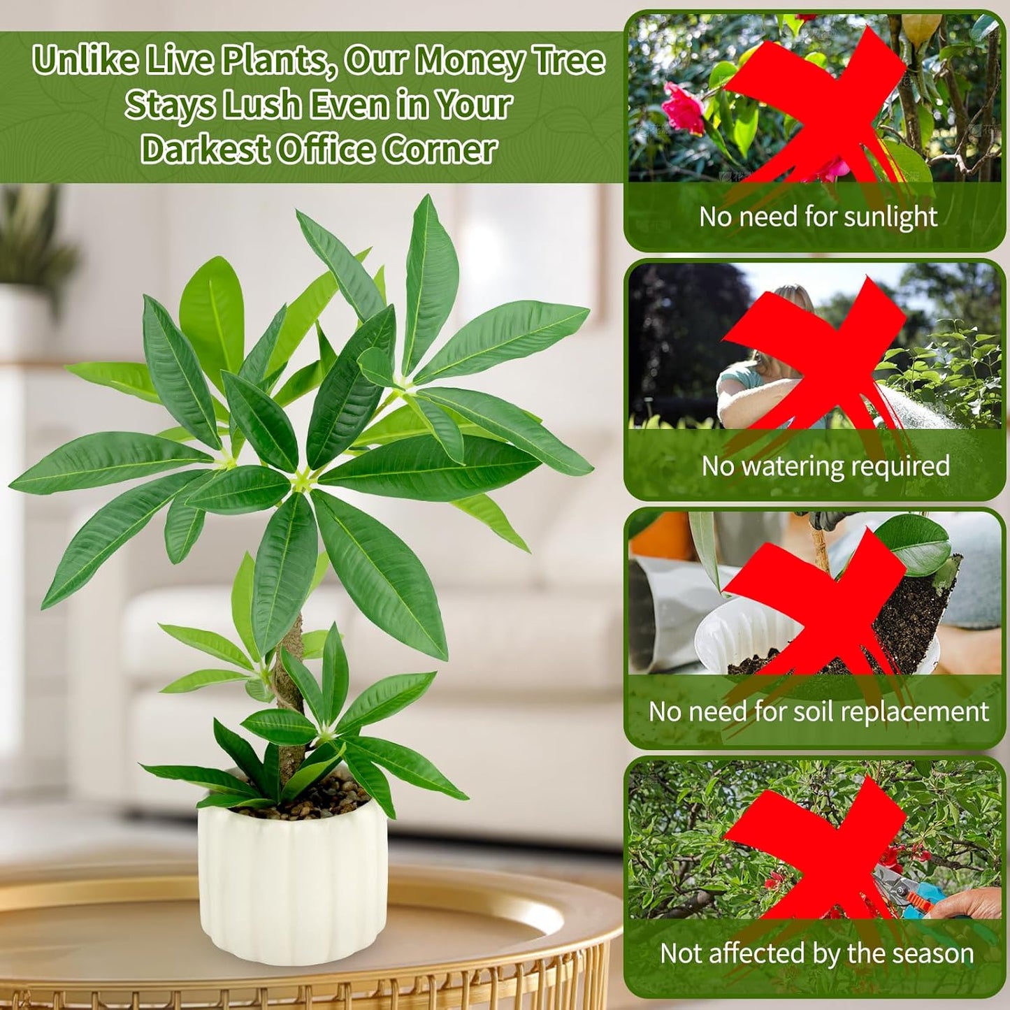 Small Money Tree Bonsai 15.2inch Artificial Desk Plant in White Ceramic Pot, Realistic Indoor Faux Potted Pachira Money Plant for Home Office Living Room Decor(Maintenance Free)