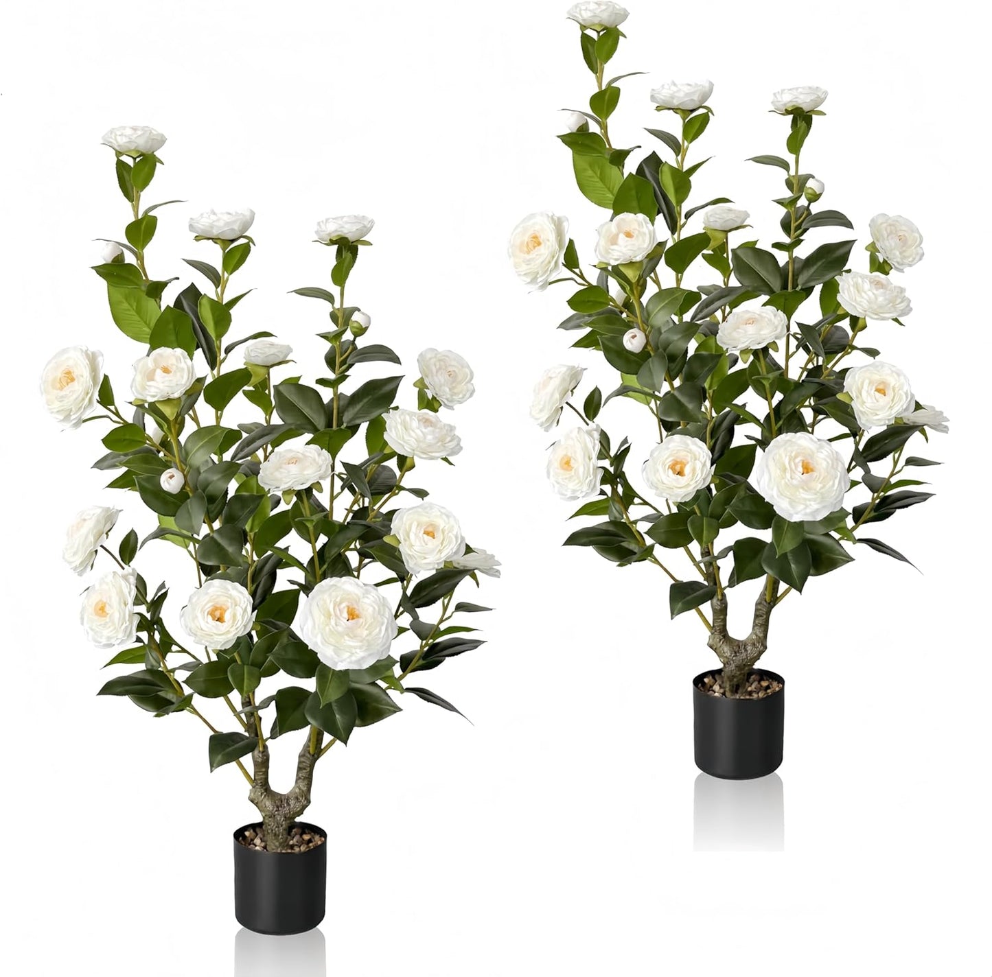 2pcs Artificial Camellia Tree 38 inch, Faux Plants Outdoor Artificial Flowers, White Tree with Planter Pot & 24 Flowers, for Home Indoor or Outdoor Decor