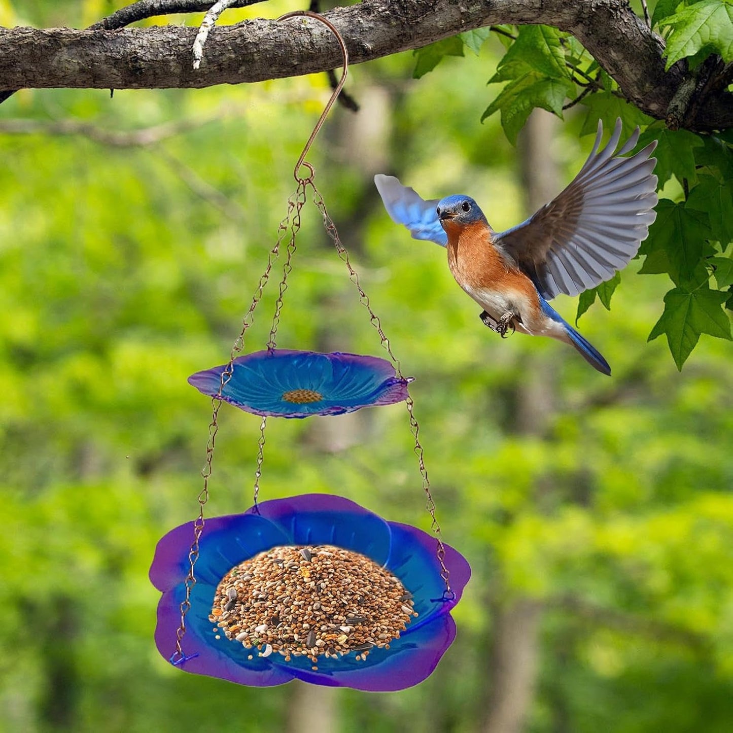 Wild Bird Feeders, Weatherproof Flower-Shaped Metal Double-Layer Tray, Durable Outdoor Bird Feeder for Food and Water, Easy Viewing and Watching, Suitable for Finches, Parrots, Pet Birds, Aviary