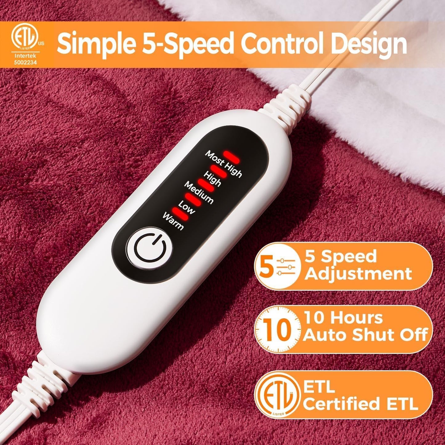 Heated Blanket Electric Throw, 50" x 60" Heating Blanket with 5 Levels & 10 Hours Auto Off, Extremely Soft Flannel Warm Blanket Gifts Over-Heat Protection, ETL Certified Machine Washable