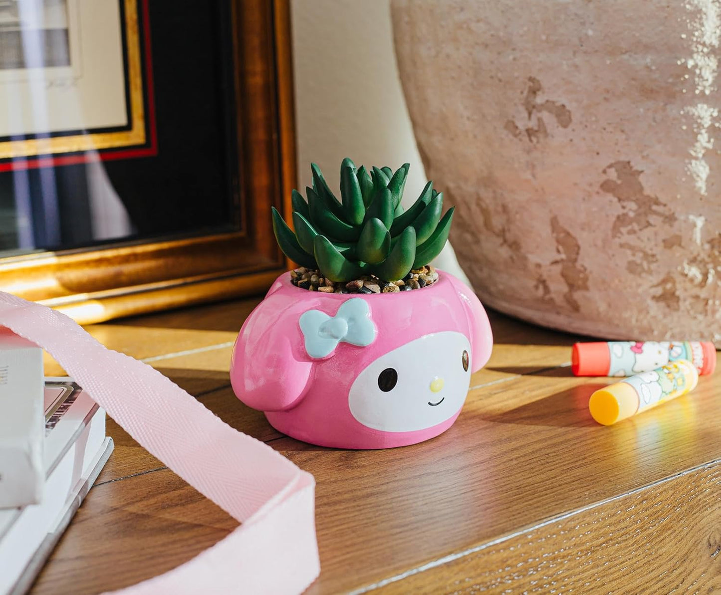 Toynk Sanrio My Melody 3-Inch Sculpted Ceramic Mini Planter with Artificial Succulent | Cute Flower Pot, Faux Indoor Plants