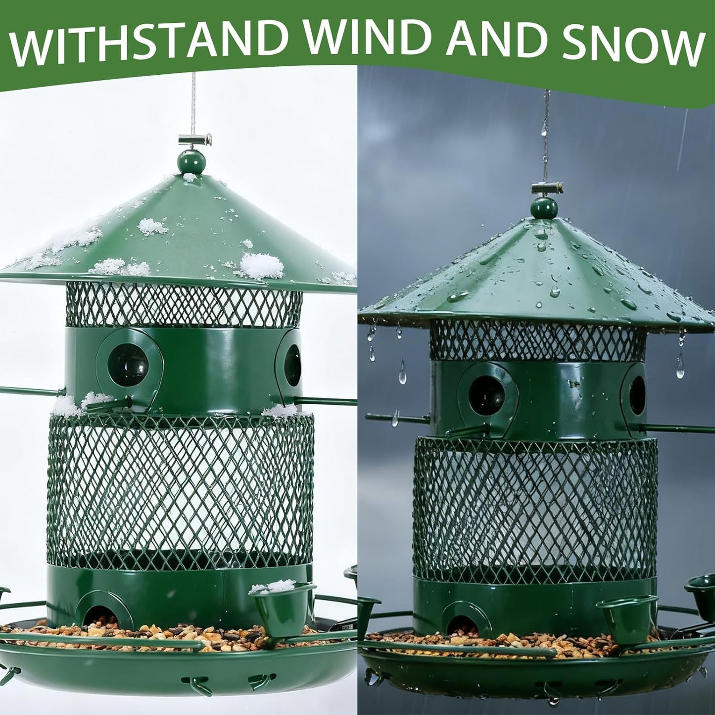 Outdoor Hanging Bird Feeder Metal Construction, Sturdy and Durable Large-Capacity Bird Feeder with Water Cup All-Season Outdoor Wild Bird Feeder Green Color (Green)