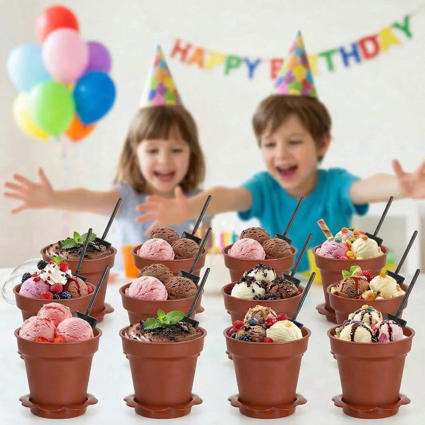 DOITOOL 20 Pack Flower Pot Dessert Cups with Lids and Spoons, 6.7 oz Mini Plastic Chocolate Pudding Cups, Cute Mini Flowerpot for Ice Cream, Dirt Cake, Fruit Trifles, Pudding, Yogurt, Mousse