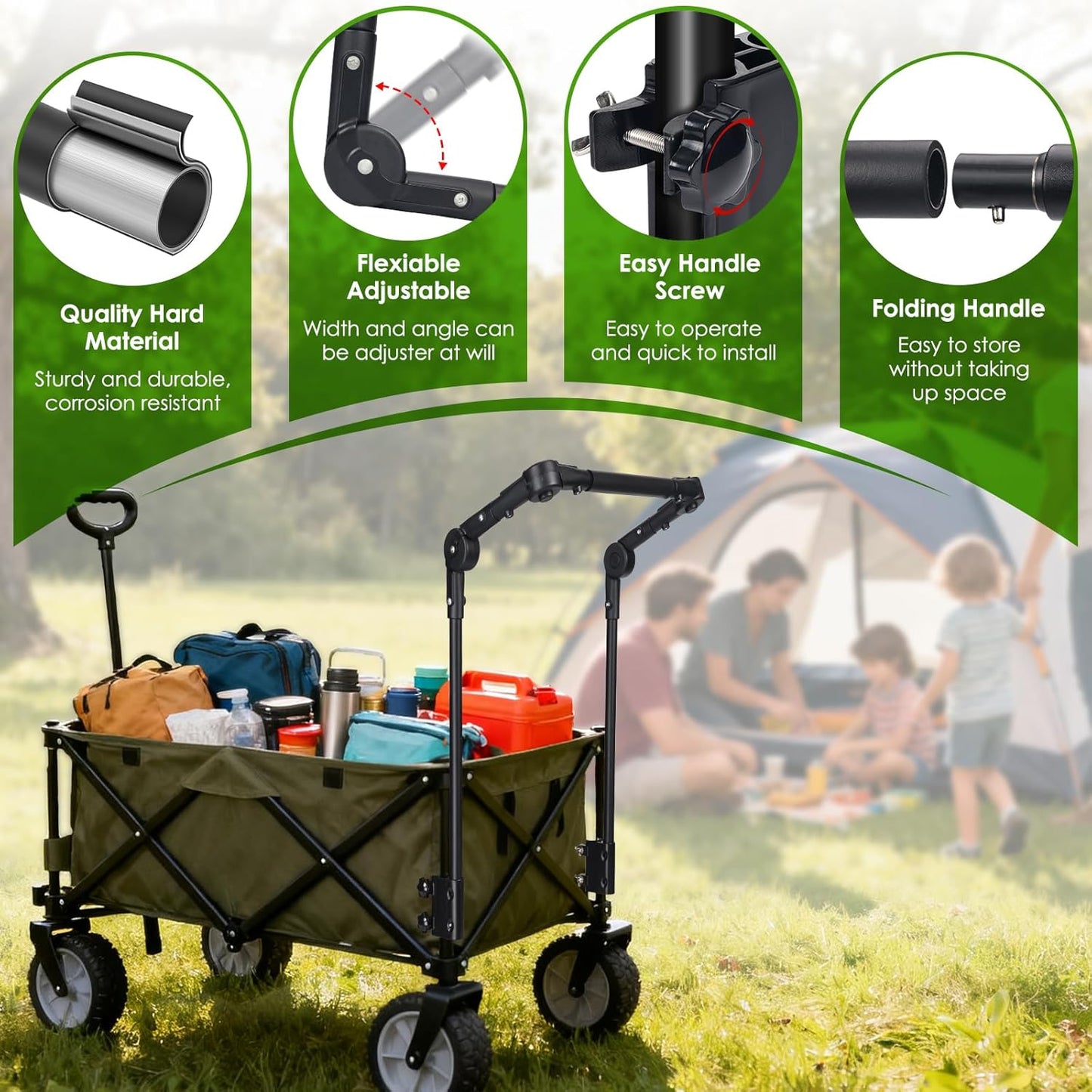 Adjustable Wagon Push Handle Attachment - Foldable Universal Push Pull Handle for Round/Square Frame Camping Wagons, Strollers, Beach Carts & Canopy Attachments with Stainless Steel Connectors