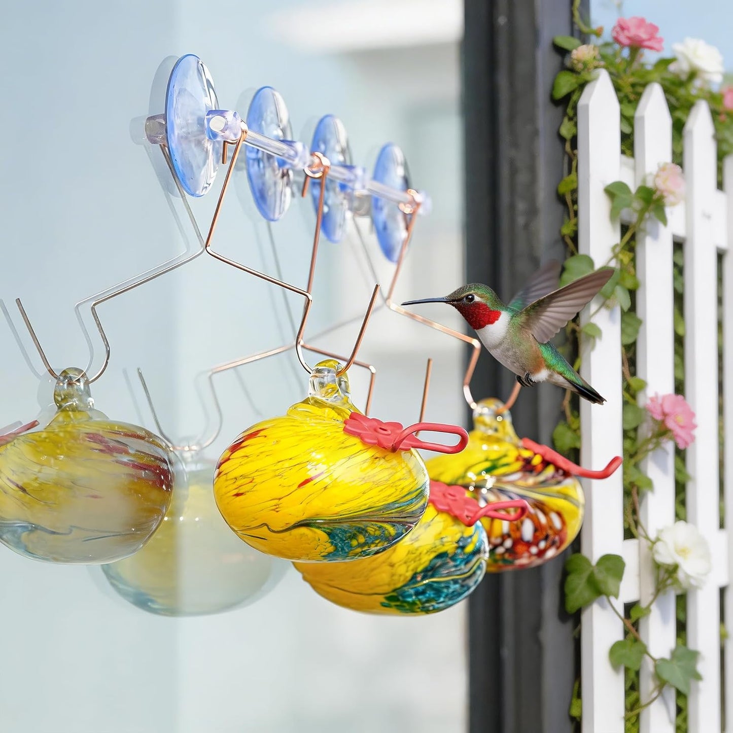 3Pcs Hand Blown Hummingbird Feedeers with Suction Cups for Window Hanging Ant and Bee Proof Glass Humming Birds Feeders Gifts for Woman Man