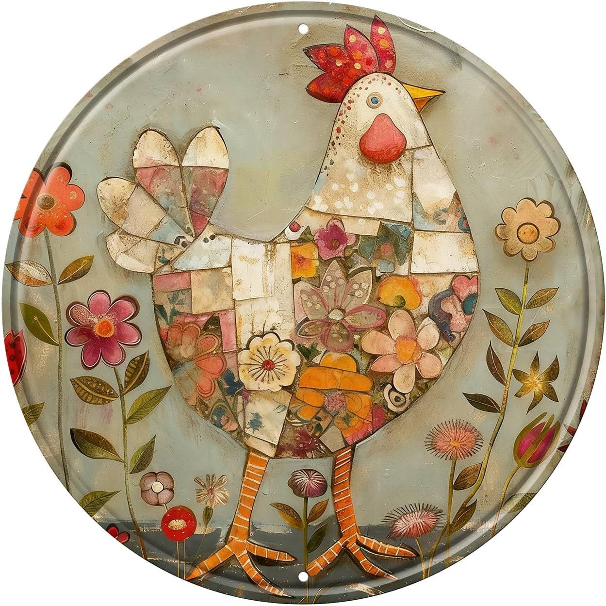 Chicken Round Metal Tin Sign Wreath Farm Flowers Rustic Vintage Wall A