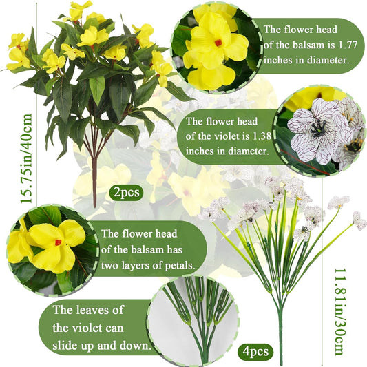 6 Pcs Artificial Flowers for Outdoors Impatiens Yellow Silk Violet Daisies Flowers Outside White UV Resistant Faux Impatiens Flowers for Outdoor Planters Pot Patio Hanging Basket Porch Decor