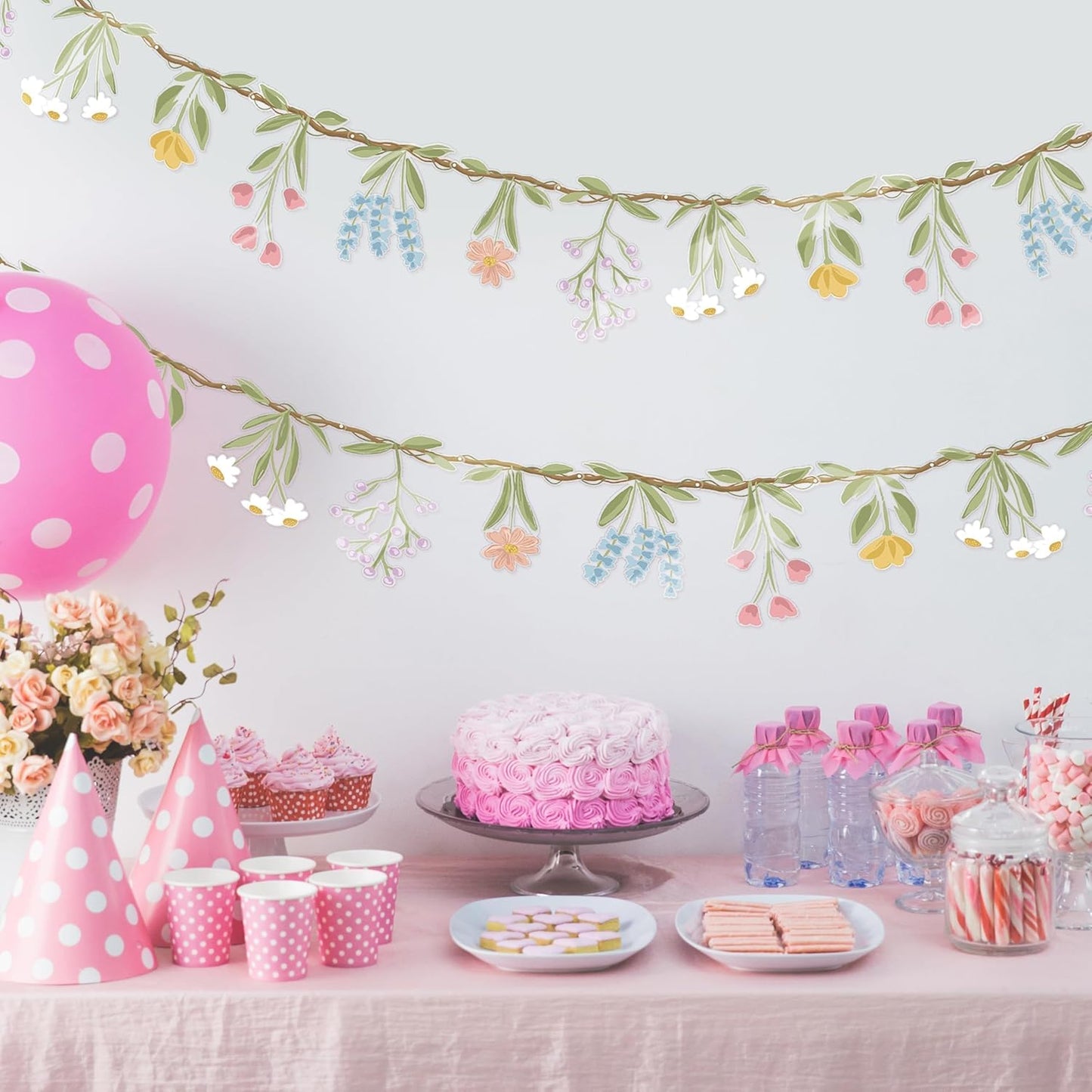 Cheerland Flower Banner Wildflower Garland Floral for Enchanted Garden Theme Wedding Wild One Birthday Baby Bloom Fairy Tale Tea Market Spring Easter Supplies Woodland Cottagecore Party Decorations