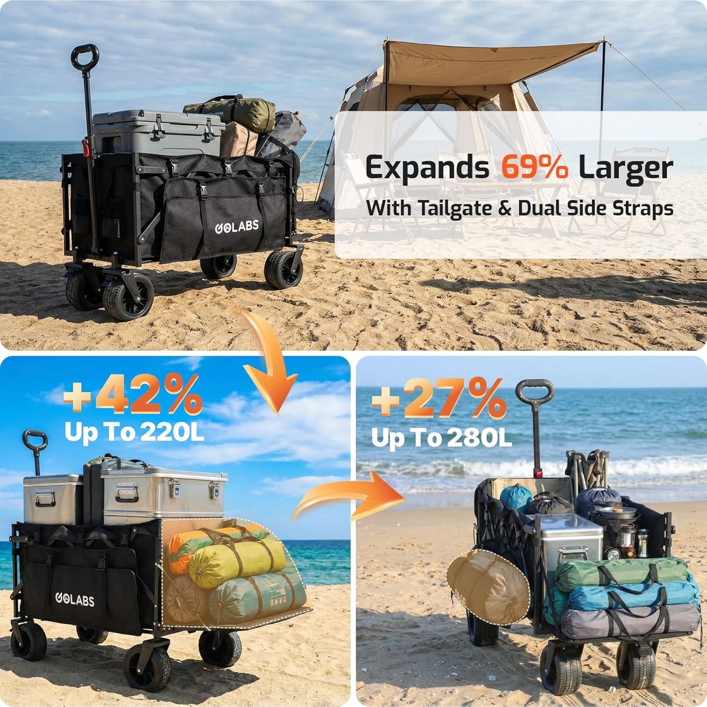Golabs WA2 Wagon Cart Max 440lbs Load & Expandable Storage 205L, Heavy Duty Beach Wagon w/ 7×4" Big All-Terrain Wheel, 3S Quick Fold &Flexible Steering Design,2 Side Strap Design for Garden & Camping