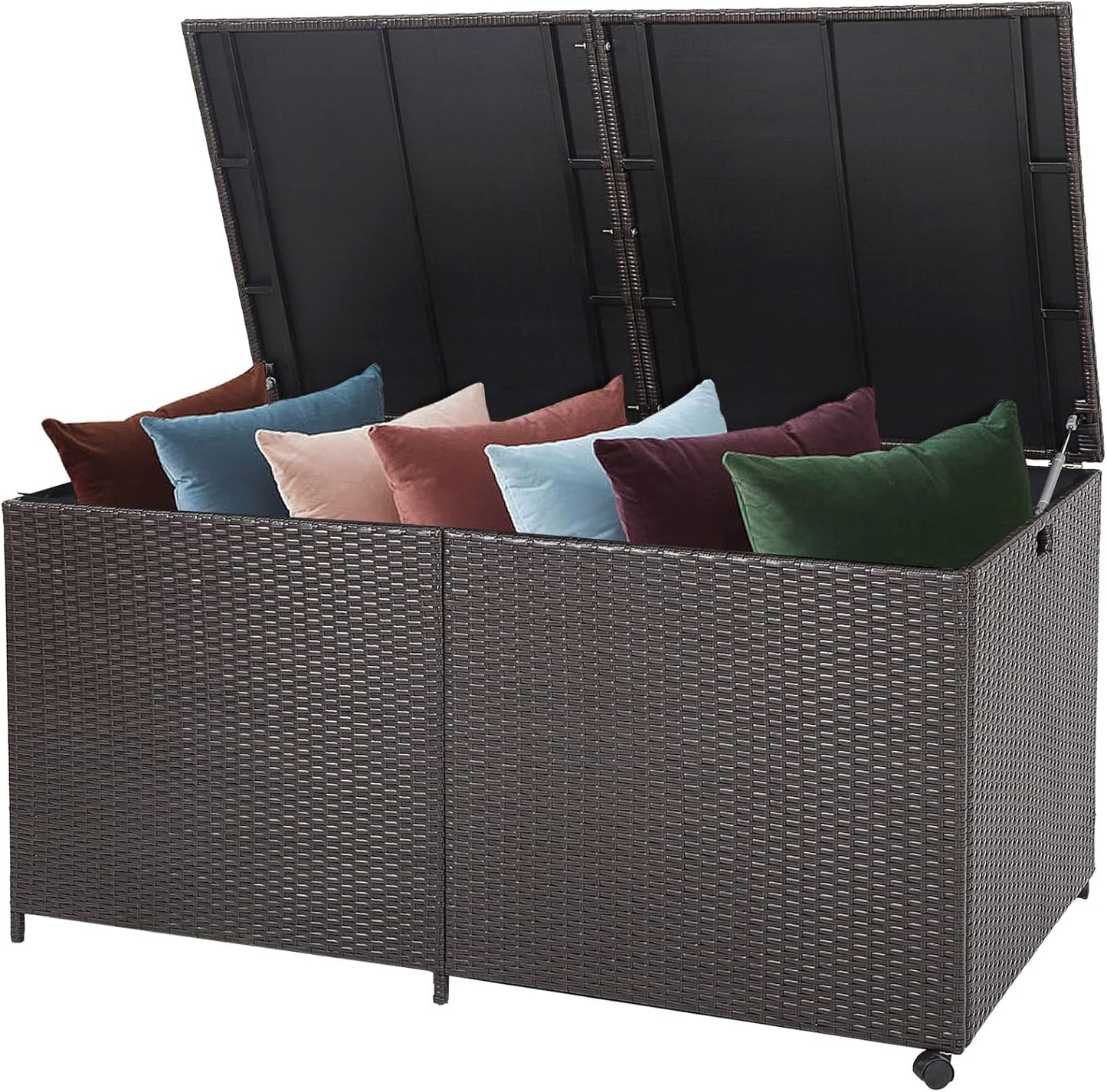Tangkula 175 Gallon Outdoor Storage Box, Wicker Patio Deck Box with 2 Universal Wheels and Waterproof Zippered Liner, Outdoor Storage Container for Cushions, and Garden Tools