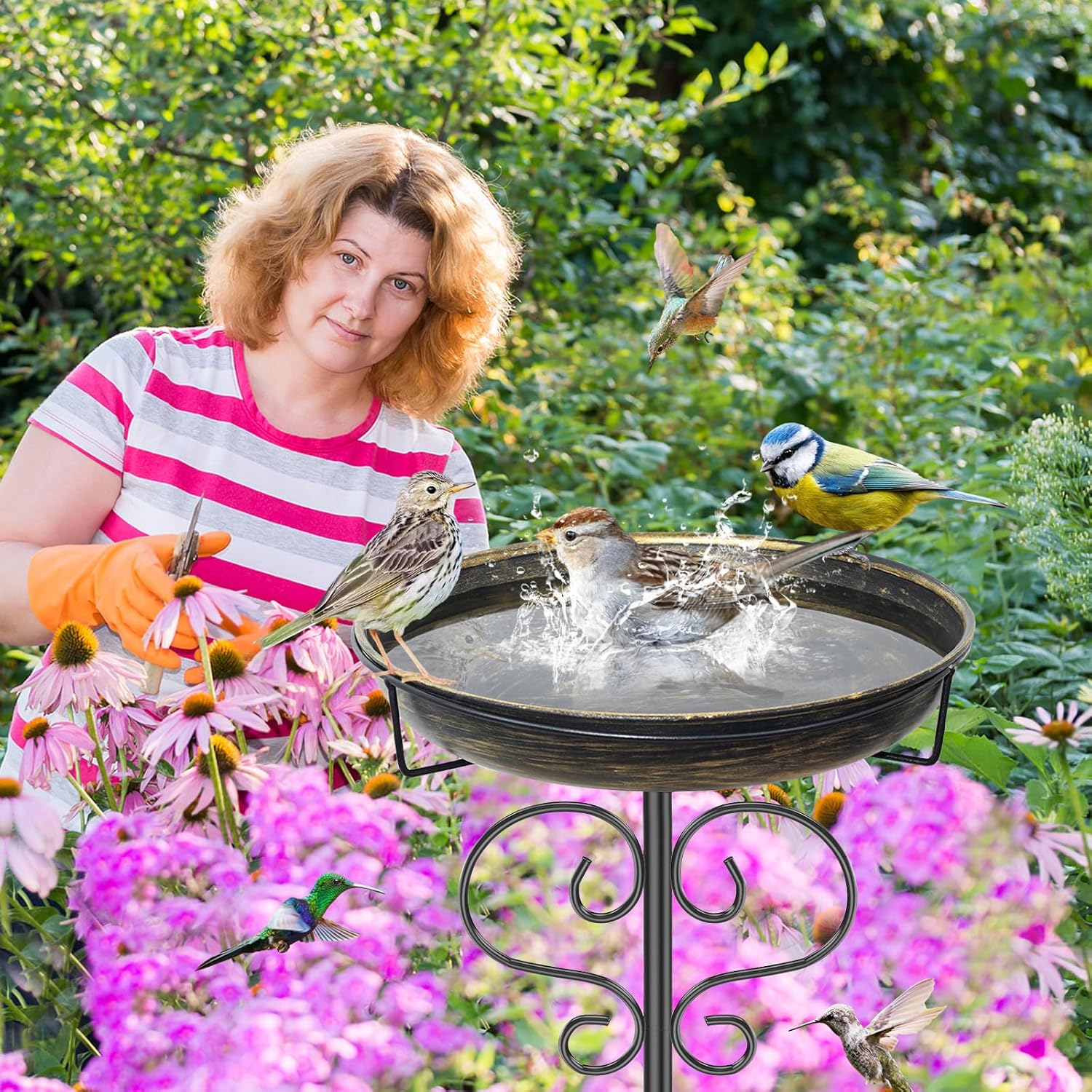 Bird Bath for Outside,Freestanding Metal Bird Bath Feeder with Heavy D