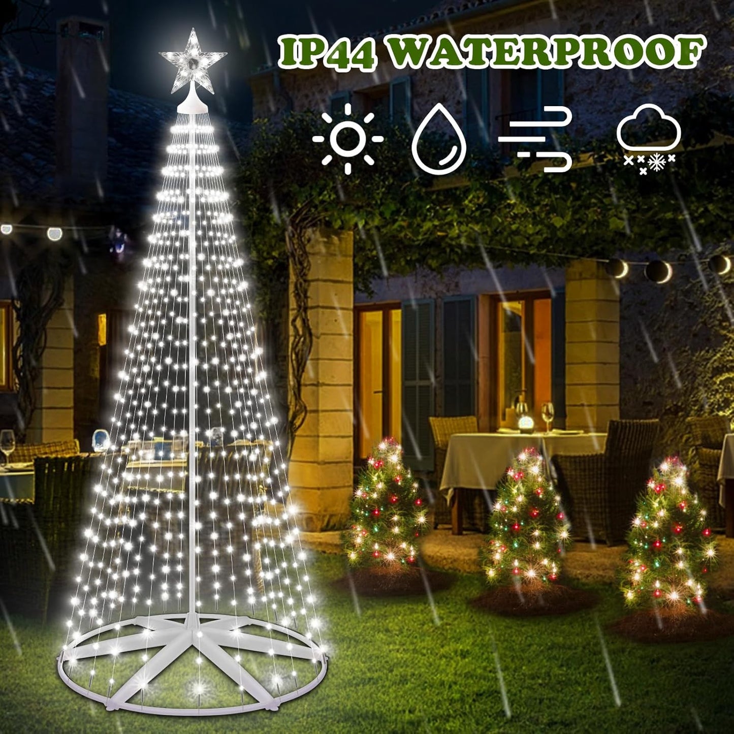 Outdoor Solar Christmas Cone Tree Lights, 8ft 444 LED Christmas Tree LightShow with 8 Modes Timer Remote, Lighted Artificial Tree USB Charge for Xmas Yard Porch Patio Party Holiday Decor, Cold White