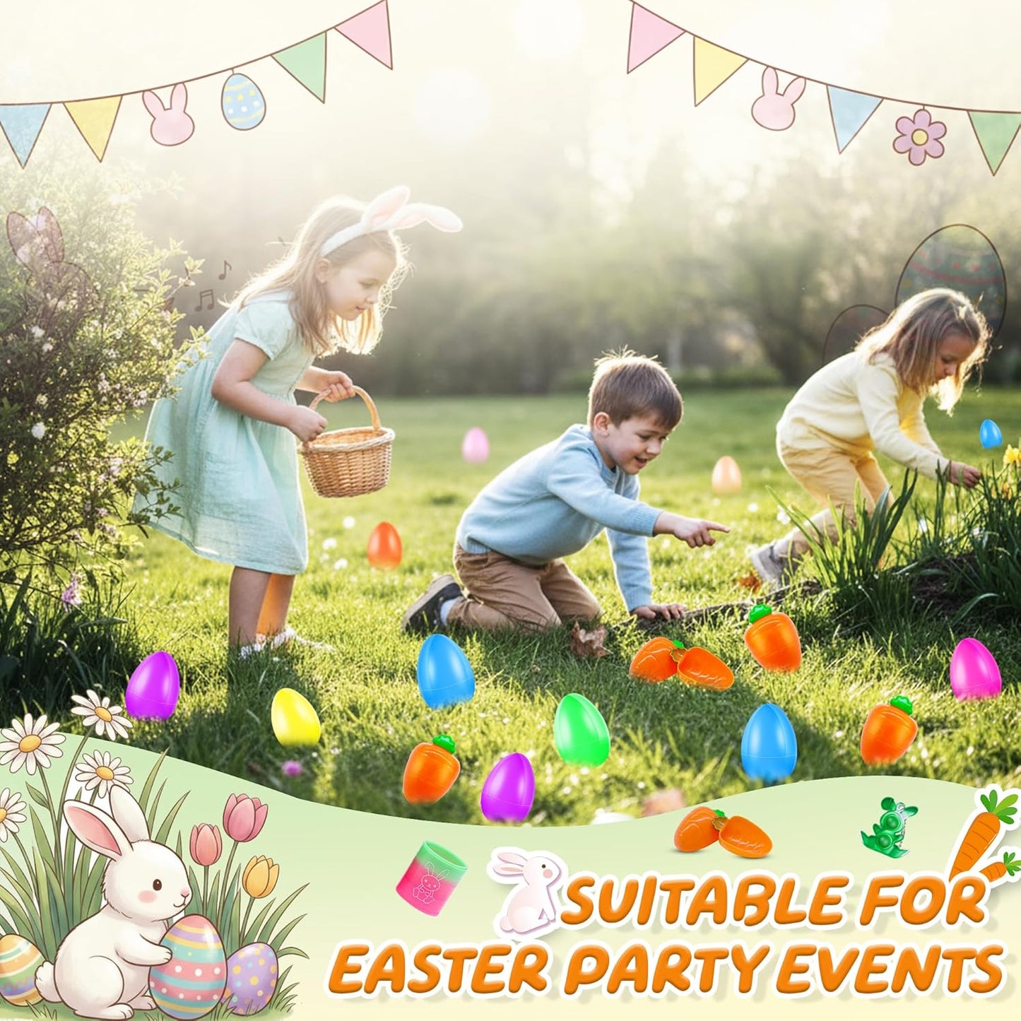 72 Pack Prefilled Easter Eggs with Toys Inside, Plastic Eggs Fillers Basket Stuffers with Surprise Carrot Eggs Hunt Games Party Favors Save Time Gifts