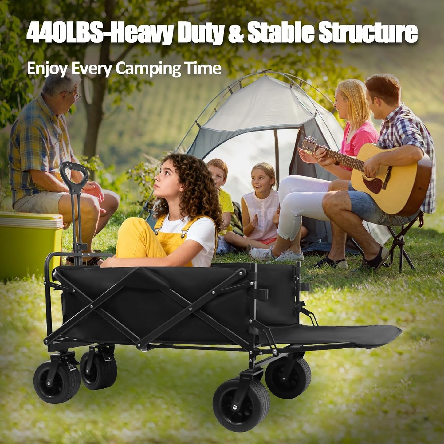 440 LBS Wagons Carts Foldable, Folding Collapsible Wagon Cart with Big All-Terrain Wheels & Cup Holders, Utility Graden Carts for Camping, Beach, Garden and Shopping