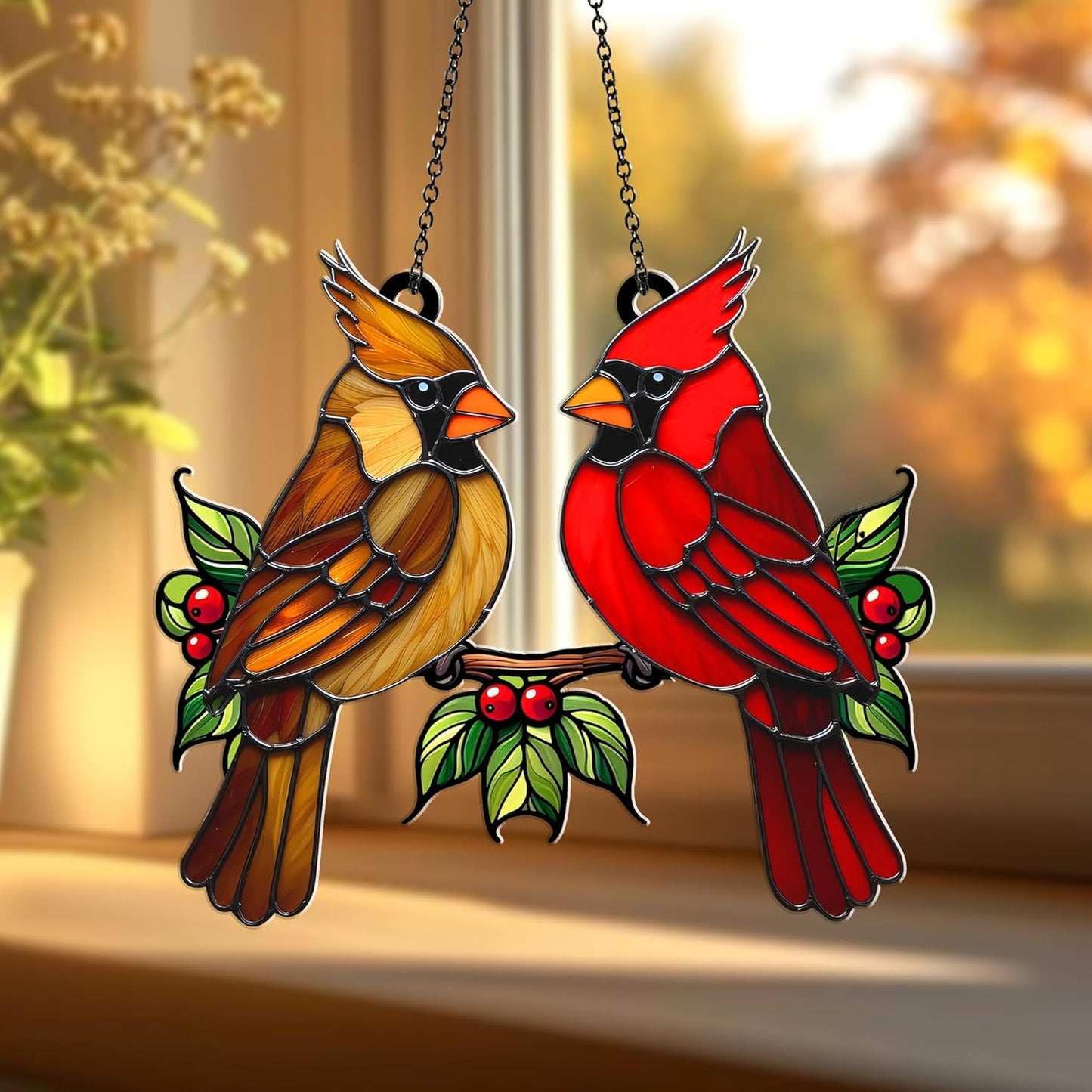 Cardinal Bird Suncatcher – Acrylic Window Hanging Ornament, Red & Brown Cardinal Couple, Memorial Bird Sun Catcher Gift for Mom, Nature Garden Window Decor (Sun-32)