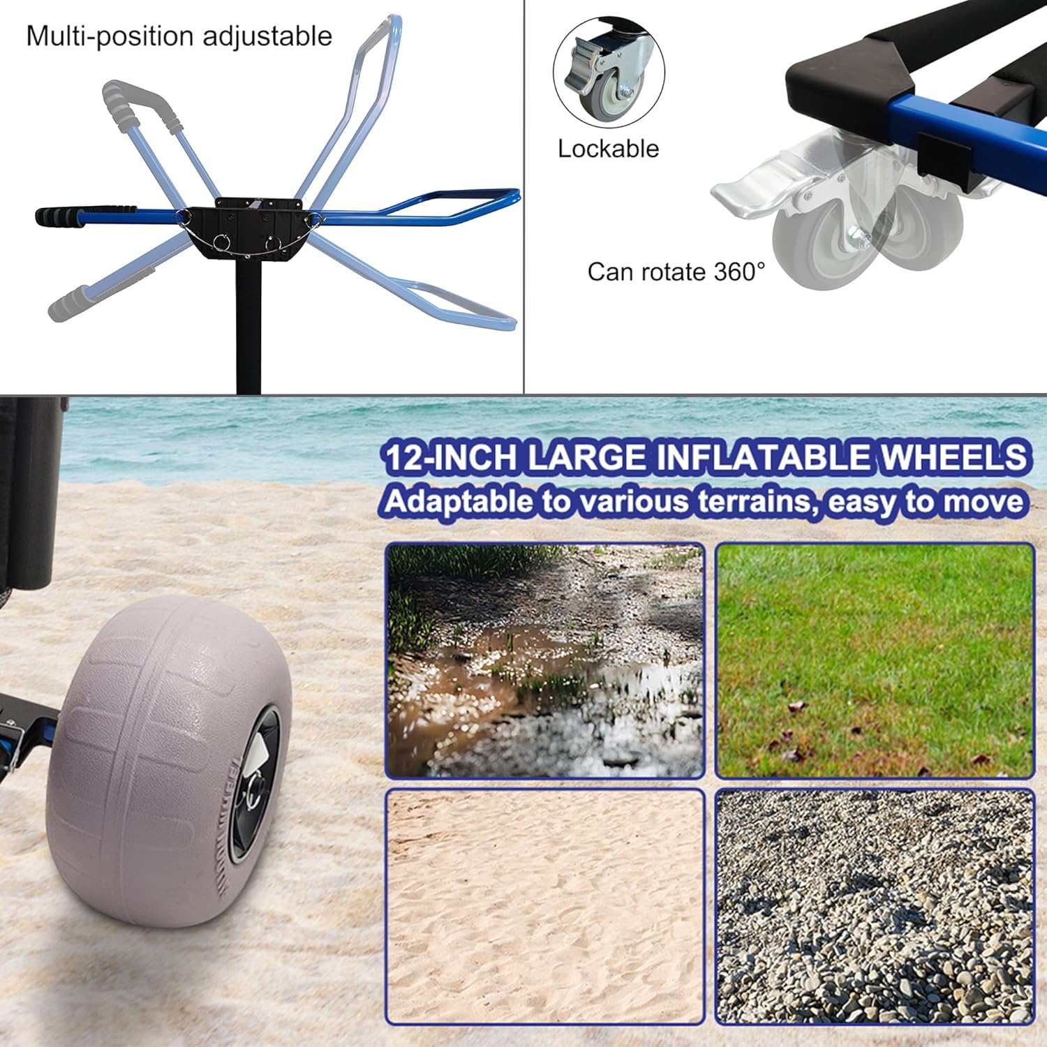 Beach Cart Foldable Fishing Trolley with 12 inch Balloon Wheels for Sa