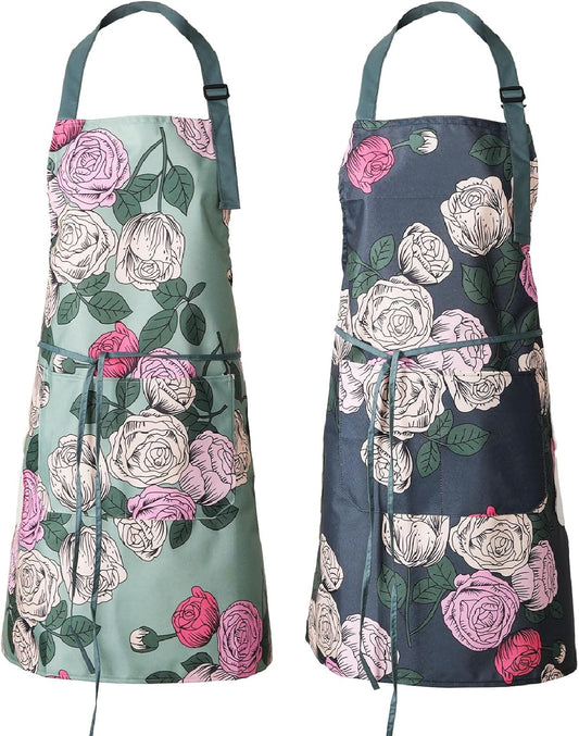 DILLMAN 2 Pack Floral Aprons with Pocket Blooming Womens Waterproof Ad