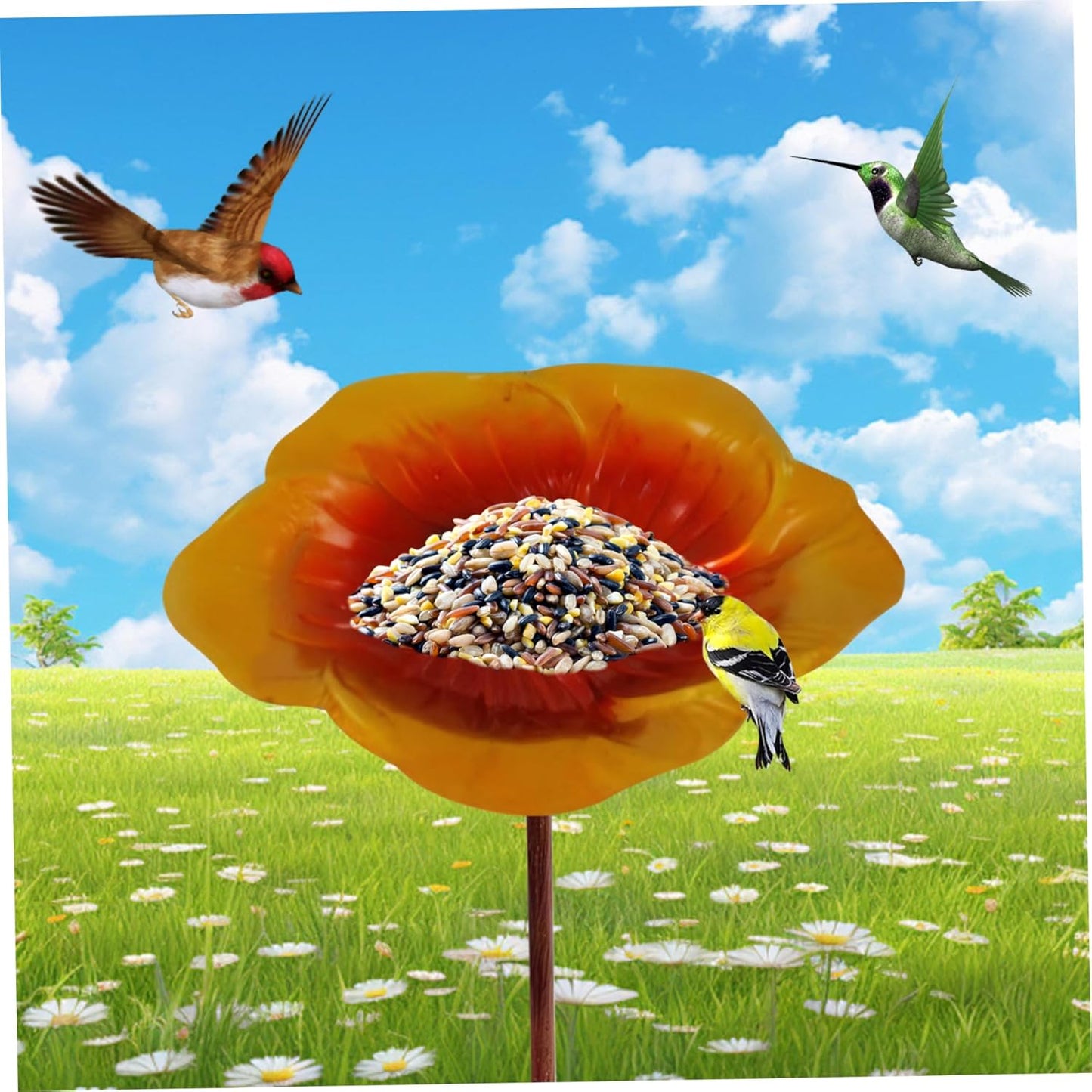 Bird Feeder with Stake Flower Shape Bird Bath 9.5x25in Ground Feeder Exquisite Decorative Bath for Outside Yard Garden, Gold Brown