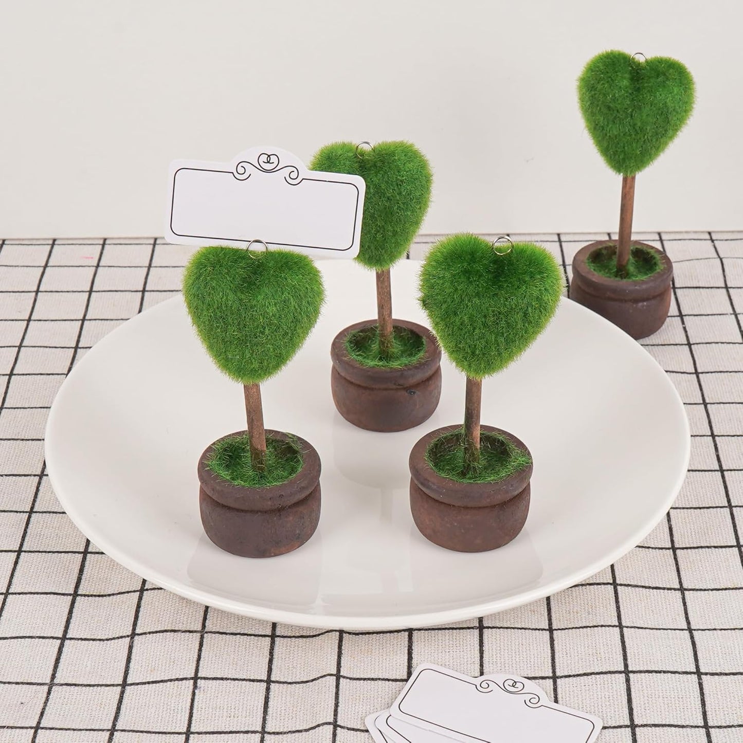 4PCS Love Green Plant Style Place Card Holders –Birthday, Artificial Topiary Cedar Ball Tree, Mini Potted Plant Style Name Card Stands for Party,Office Decor