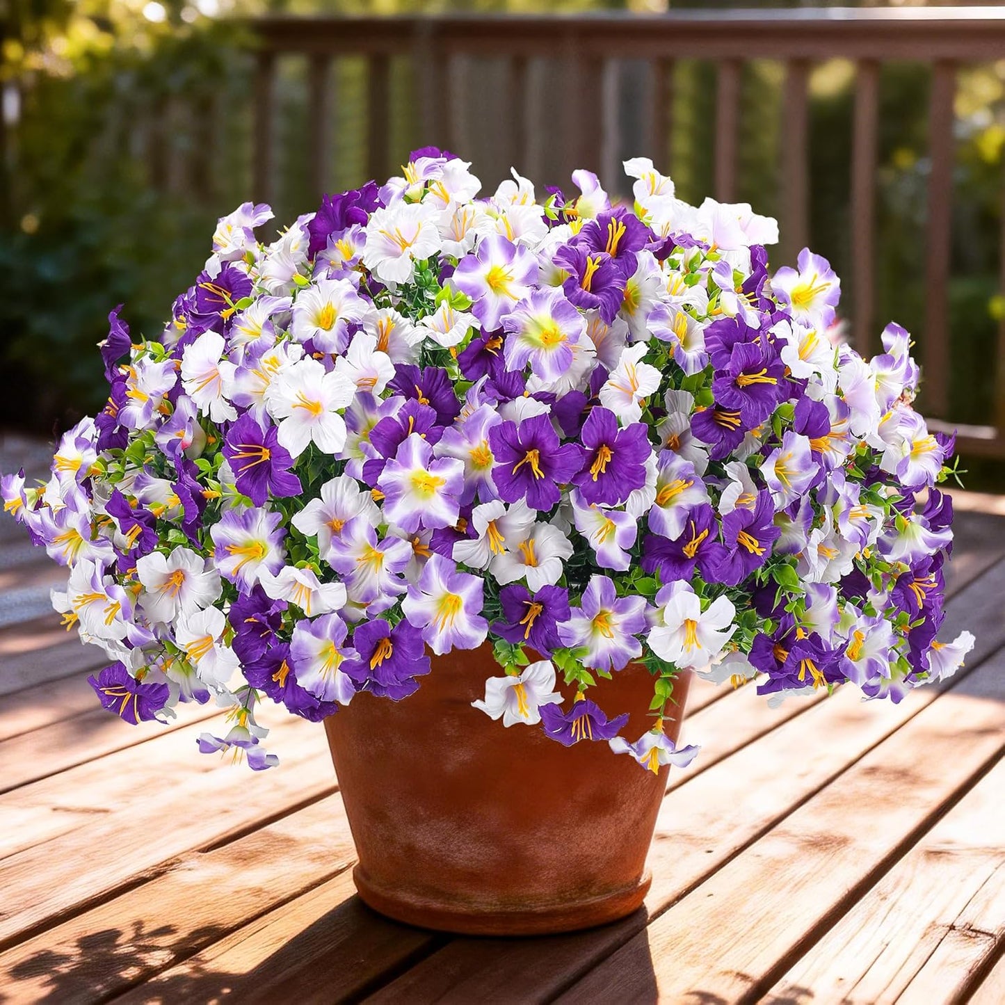 10PCS Outdoor Faux Petunia Flowers UV Resistant Artificial Fake Flowers Greenery Eucalyptus Plants for Spring Summer Garden Patio Window Box Planter Home Decor (Purple White)