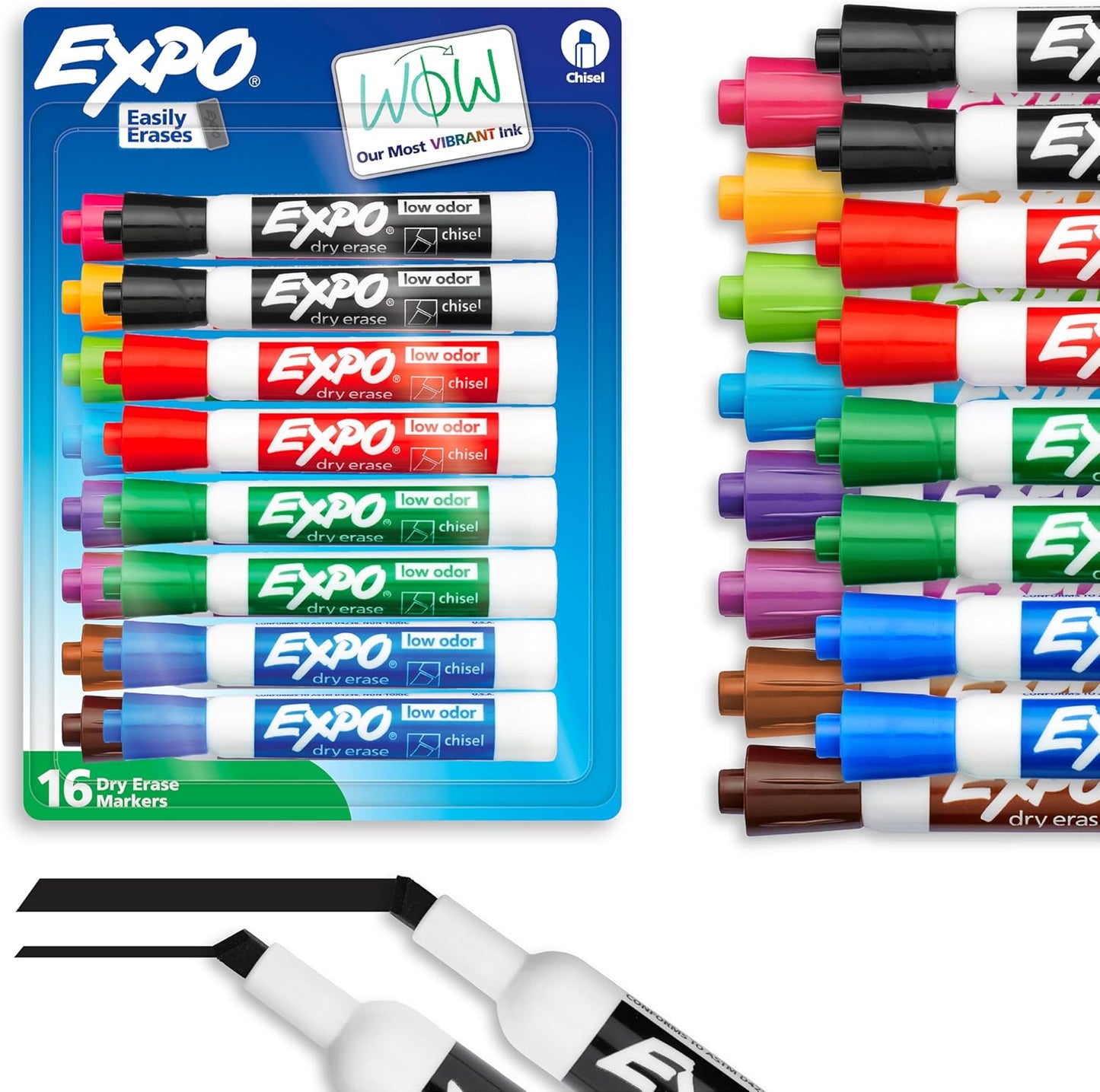 EXPO Dry Erase Markers, Low Odor Ink, Assorted Colors, Chisel Tip, 16 