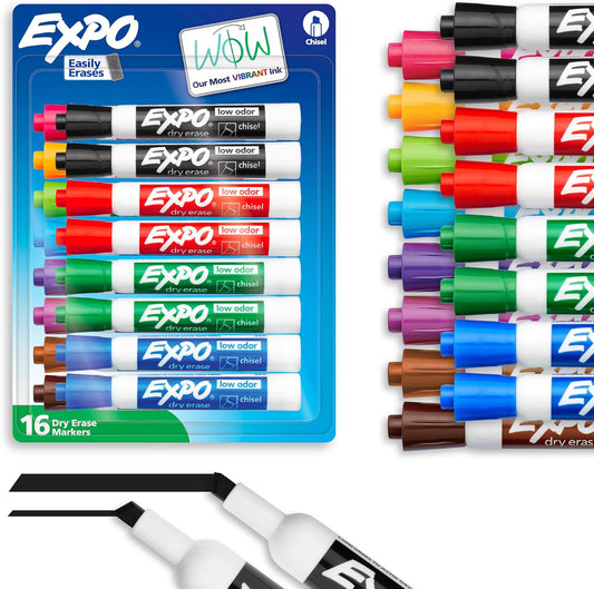 EXPO Dry Erase Markers, Low Odor Ink, Assorted Colors, Chisel Tip, 16 