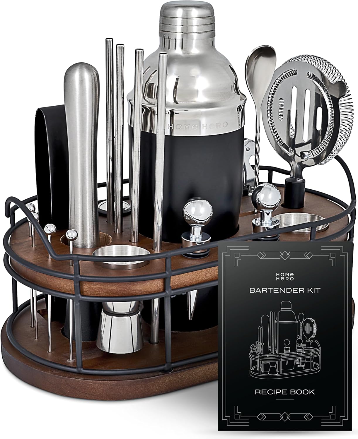 Home Hero Bartender Kit - 22-Piece Cocktail Shaker & Bar Tool Set - Wo
