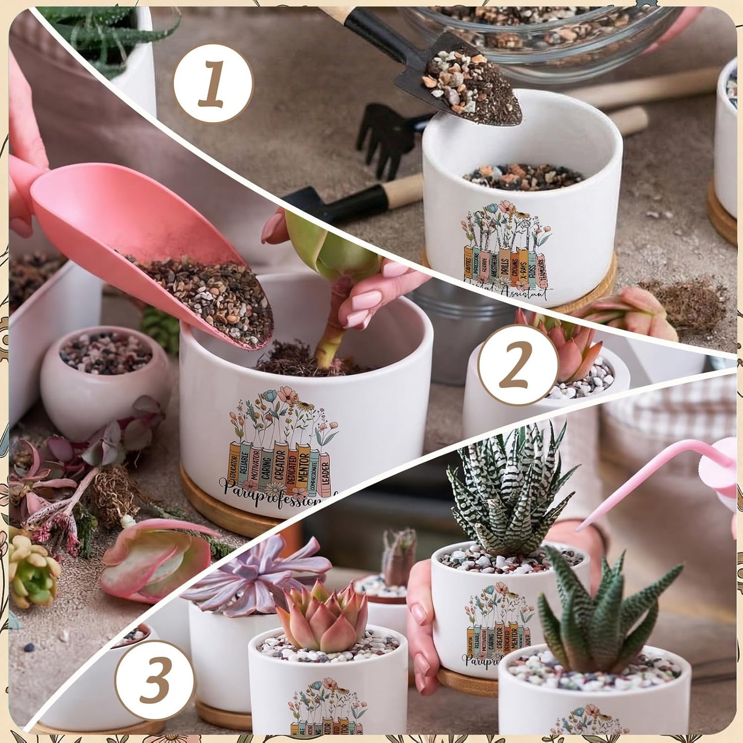 12 Pcs Paraprofessional Appreciation Gifts Succulent Planter Pots Ceramic Mini with Bamboo Trays Bulk for Coworker Office Staff Birthday Graduation Gifts, Plants Excluded