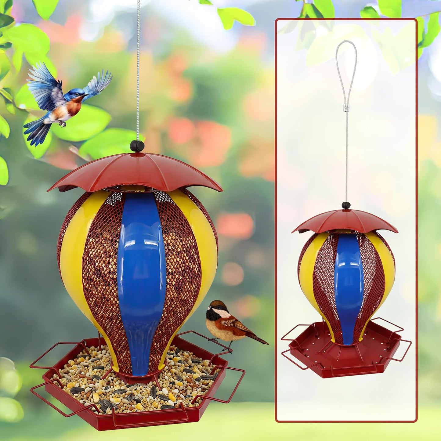 Metal Roof Bird Feeder - Chew Proof for Outdoor Hanging Wild Bird Seeds. red, Appearance of The hot air Balloon，Outside Wild Watching for Garden, Yard, Elderly Kids Viewing.