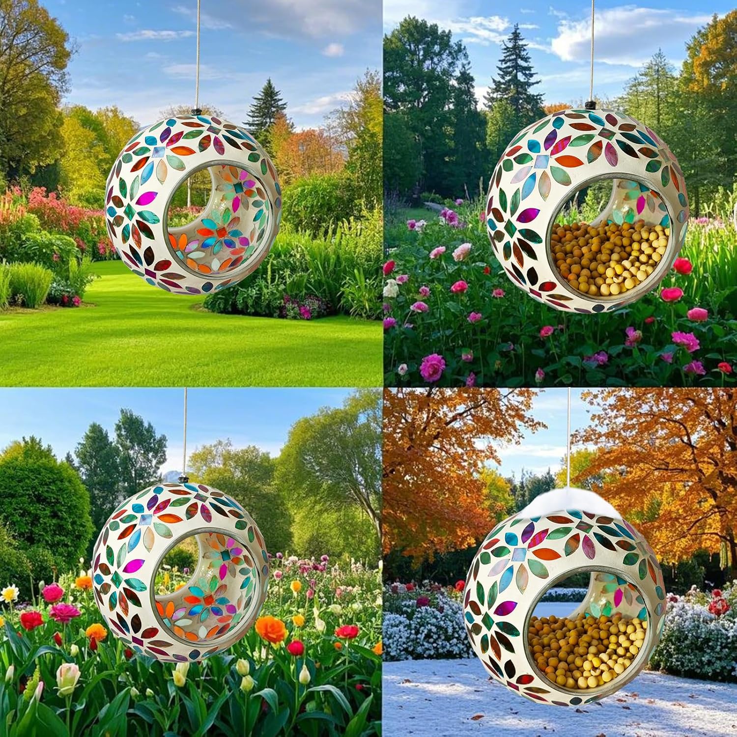 Mosaic Bird Feeder, Outside Hanging with Round Shape Glass BirdFeeders