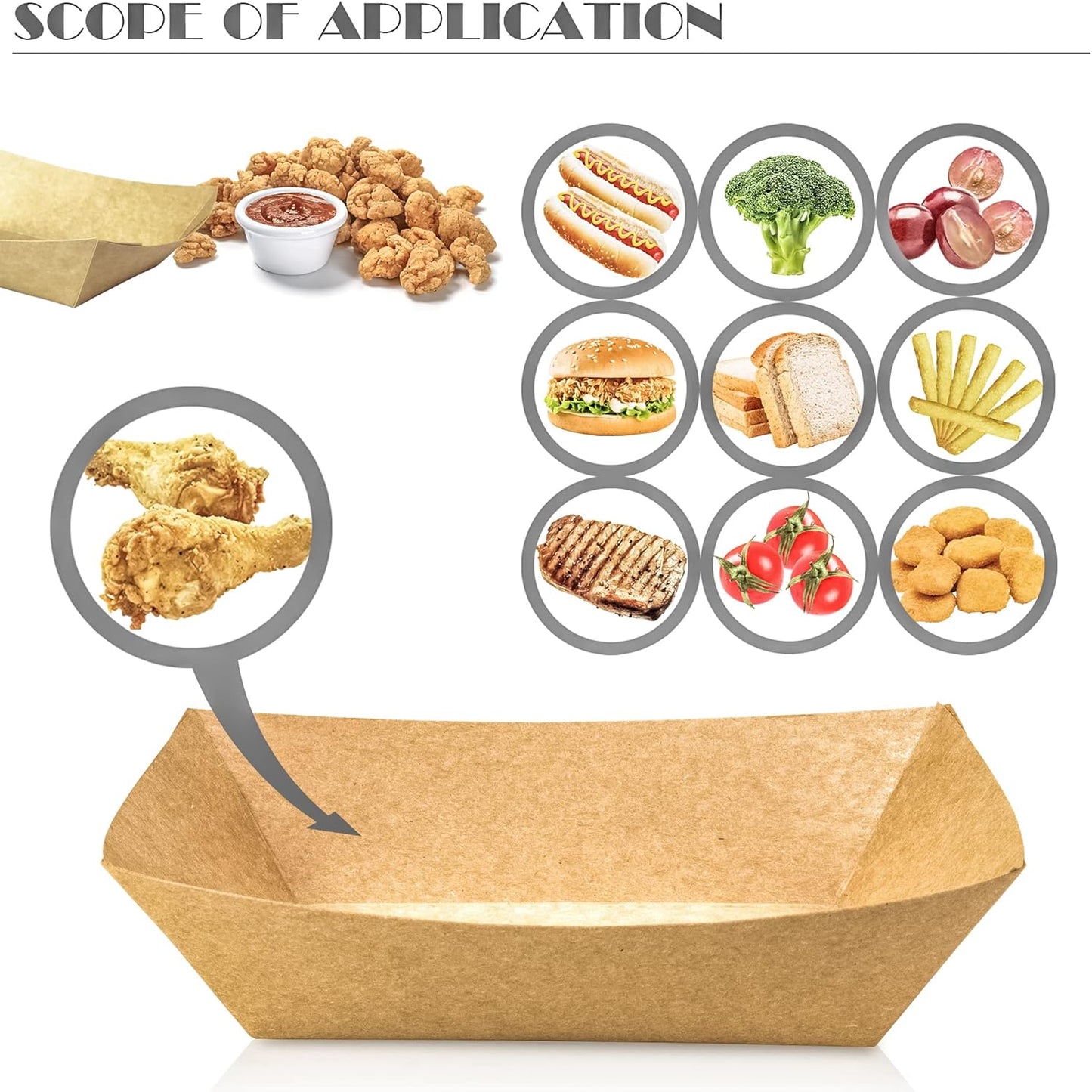 MotBach 100 Pack 2lb Paper Food Trays, Heavy-Duty Paper Food Boat Disposable Serving Basket Tray for French Fries Nachos Snack Hot Dog Taco BBQ Popcorn Party Picnic Wedding Party (Brown)