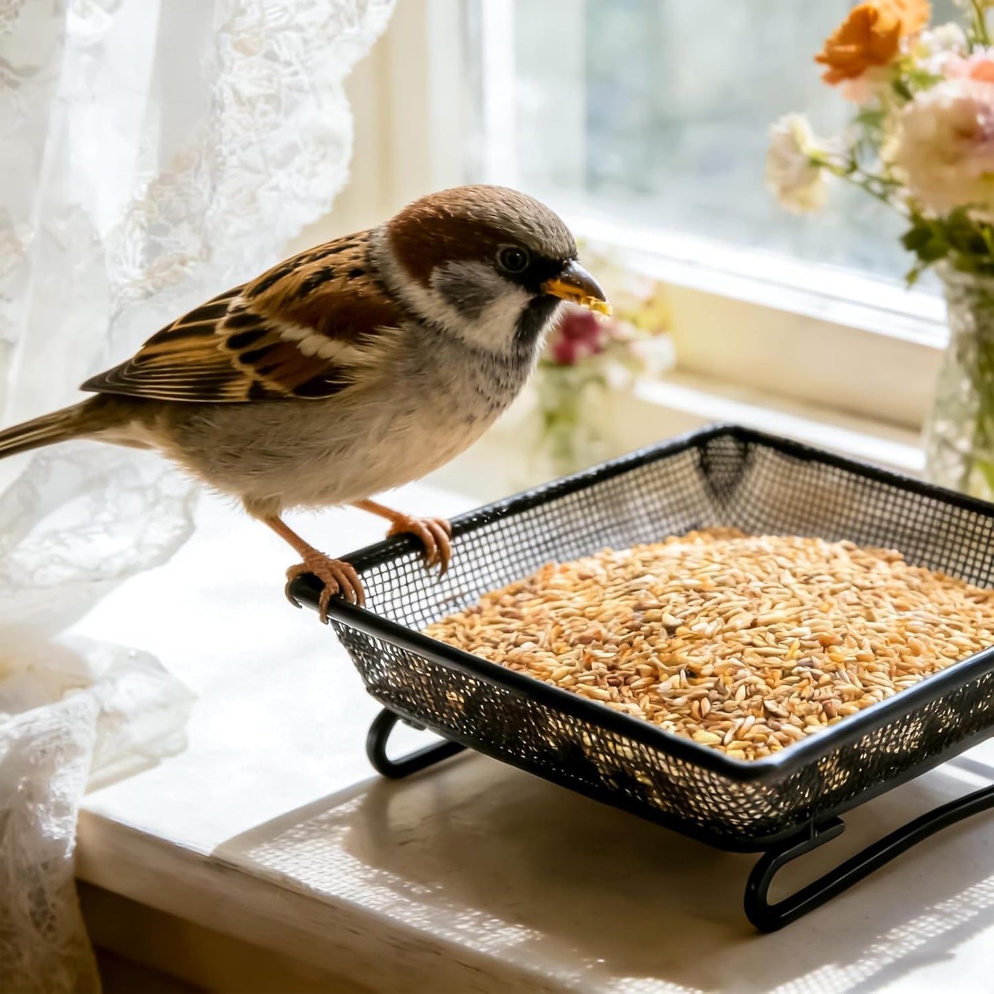 Set of 2 Metal Platform Bird Feeder Tray with 4 Fixed Elastic Rope for Outdoor,7 inch Deck Railing Bird Feeder Tray for Balcony, Backyard,Rust Resistant Design for Wild Birds or Squirrels, Square