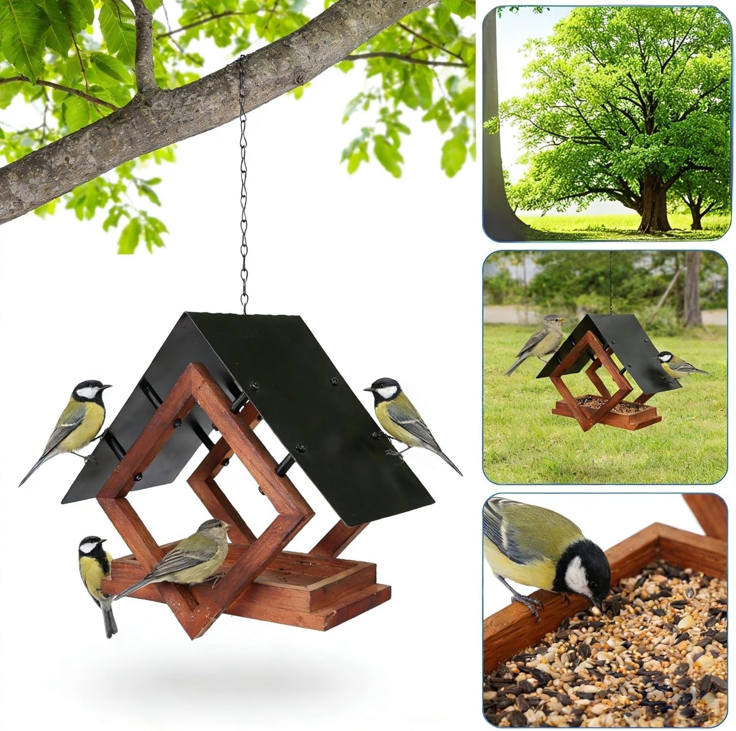 Wooden & Heavy Duty Metal Hanging Bird Feeder Outdoor, Squirrel Proof Wild Bird Feeder, Iron Art Decor for Garden Yard Patio