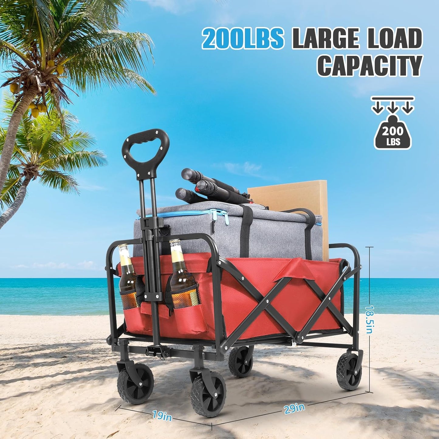 Collapsible Foldable Beach Wagon,Wagon Carts with Wheels folding,Utility Grocery Lounge Wagon for Sand Camping Sports Shopping Outdoor(Red).