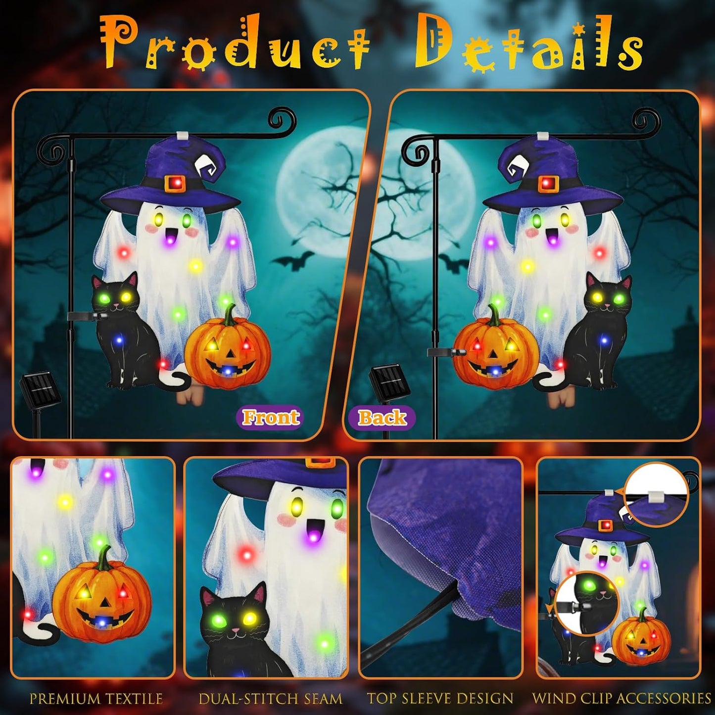Lighted Shaped Halloween Garden Flags, 8 Modes Double-Sided Cute Solar Halloween Decorations Outdoor LED Flag, Yard Decorations for Patio Lawn Home Door Porch (Ghost Multicolor, 12x18)