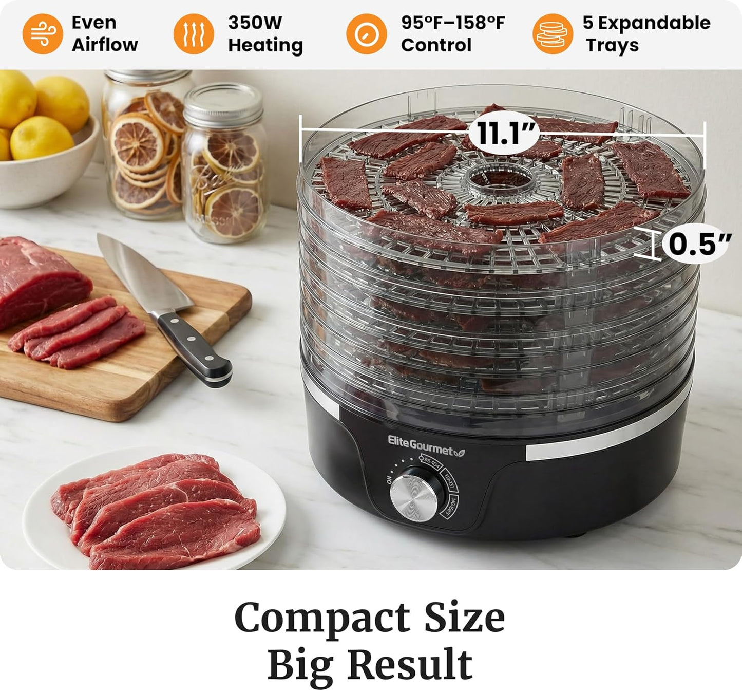 Elite Gourmet EFD319 Food Dehydrator, 5 BPA-Free 11.4" Trays Adjustabl