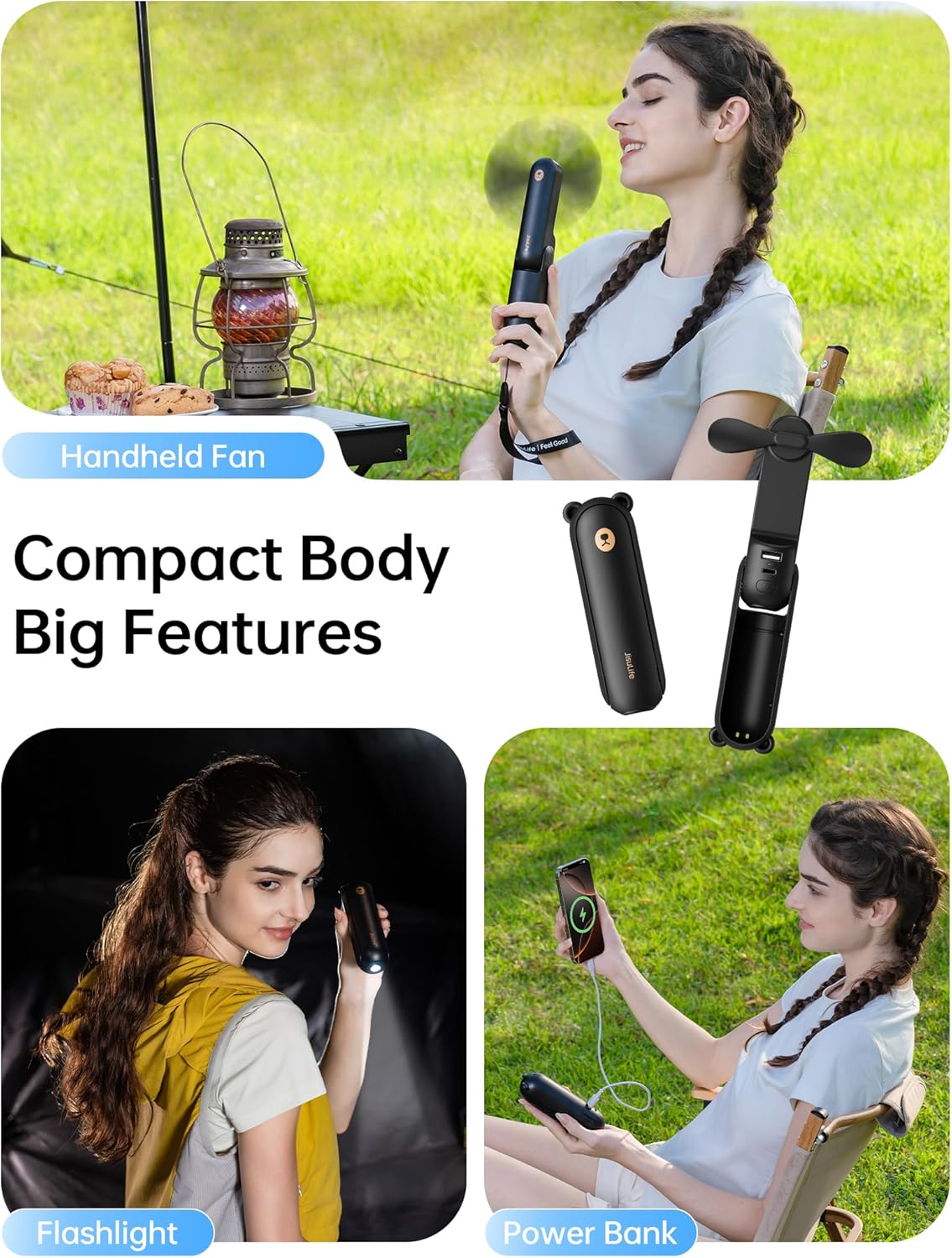 JISULIFE Handheld Fan with 4500 mAh Powerbank Max 37 Hours Runtime, Pocket Portable Battery Operated or USB Powered Folding Personal Fan, 3 Speeds, Gifts for Women Men Kids Gift for Festival(Black)