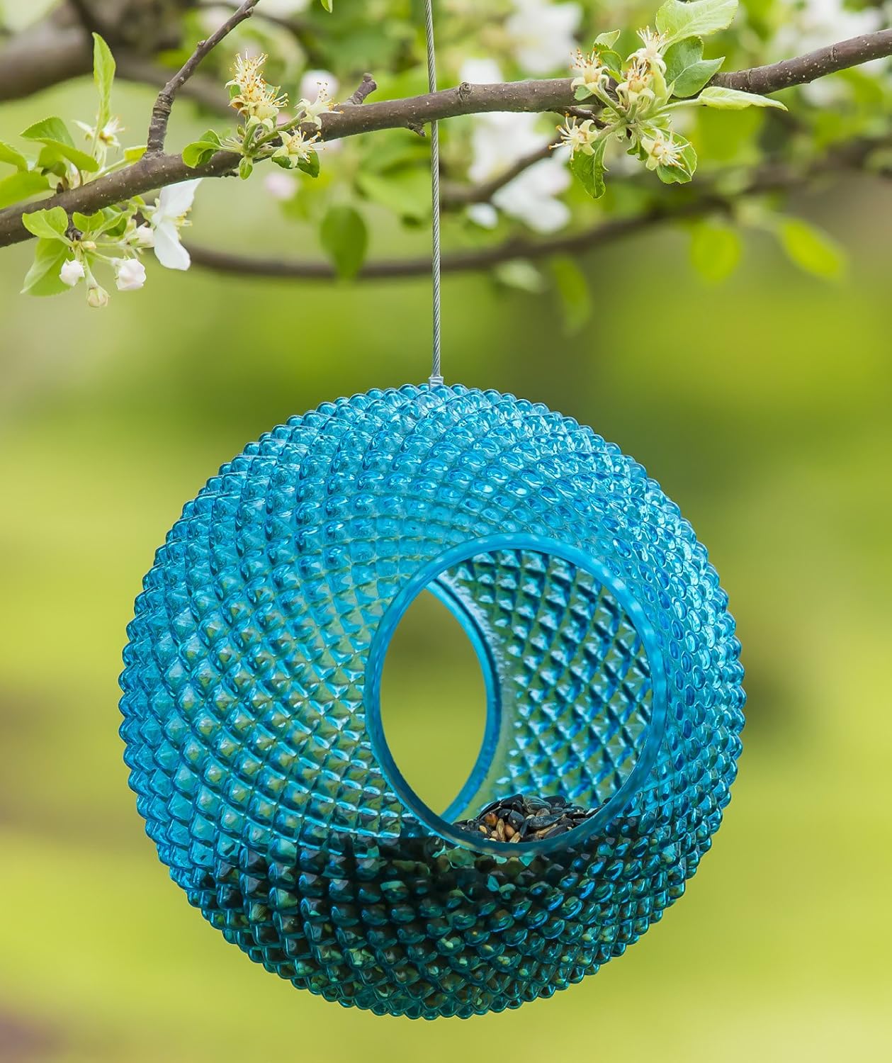 Topadorn Wild Bird Feeder Fly Through Garden Hanging Bird Feeder Mosaic Circle Squirrel Proof for Outdoor Decoration, Blue