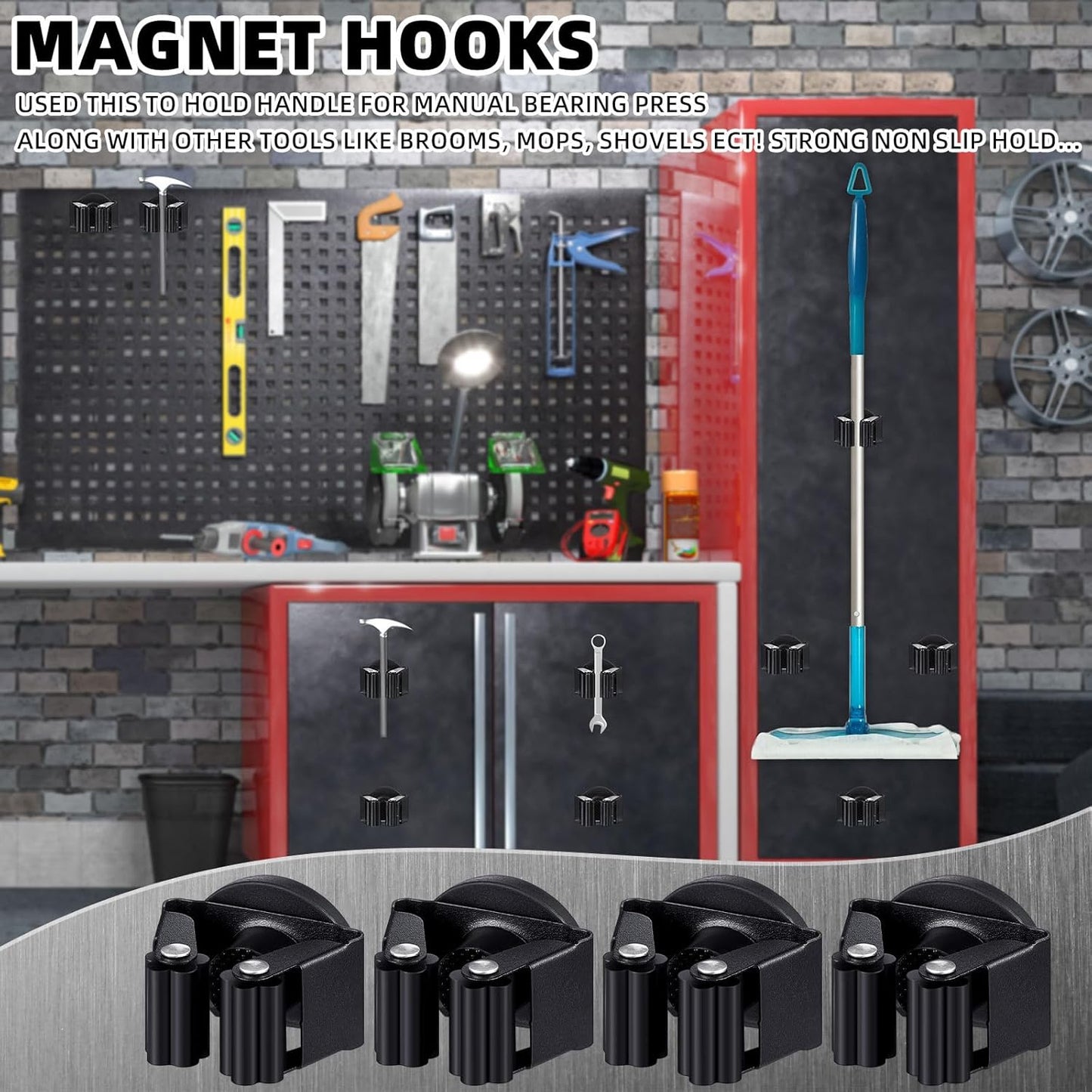 2 Pcs Magnetic Mop Broom Holder Movable Magnetic Broom Holder Rack, Anti Slip Wall Mounted Utility for Cleaning Tools, Garage, Kitchen, Laundry, Garden (Black)