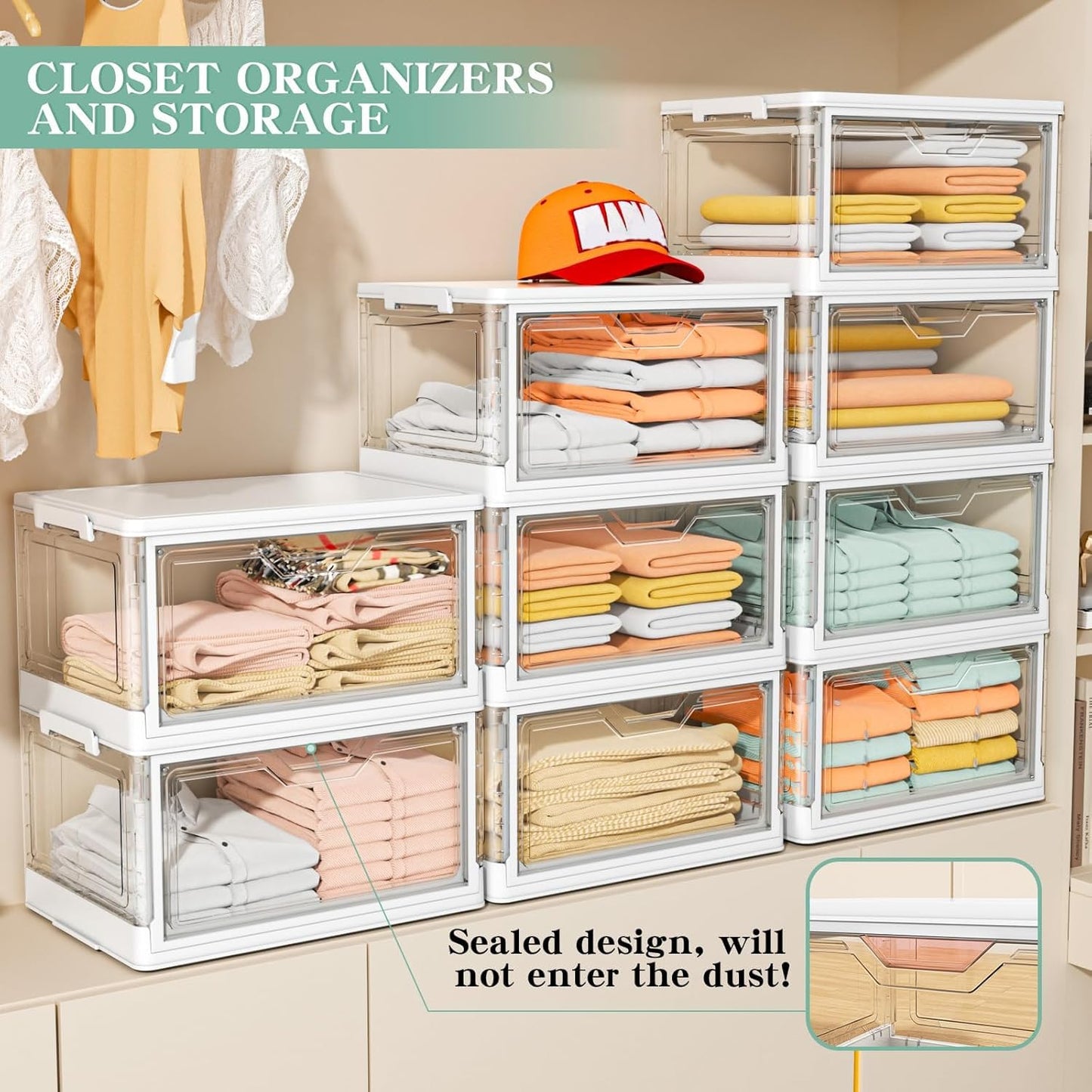 Clear Storage Bins with Lids - 4 Tier Plastic Bins with Wheels, Stackable Storage Bin, Closet Organizers Box for Bedroom, Living Room, 23 QT Folding Box with Magnetic door