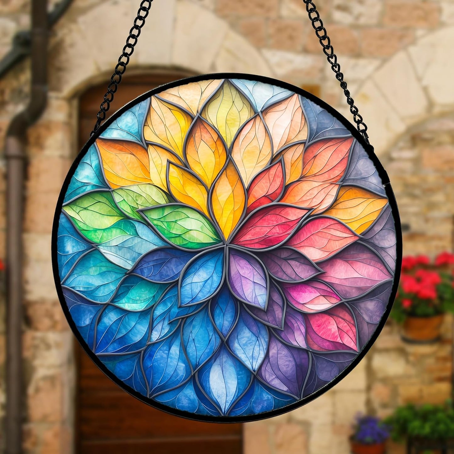 Stained Glass Window Hanging, Colorful Flower Petals Sun Catchers Diam